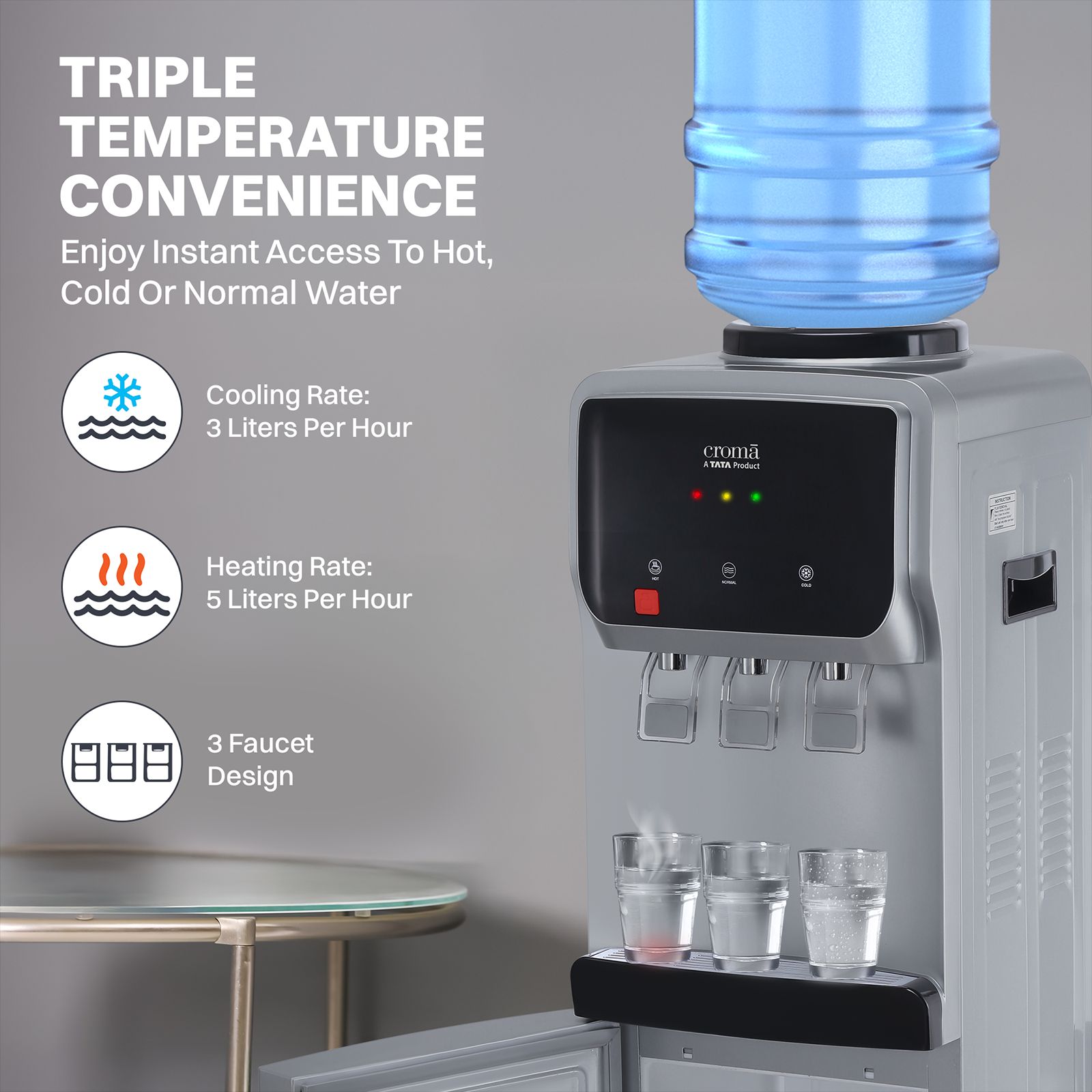 Croma Hot, Cold & Normal Top Load Water Dispenser with Cooling Cabinet (Silver)_15