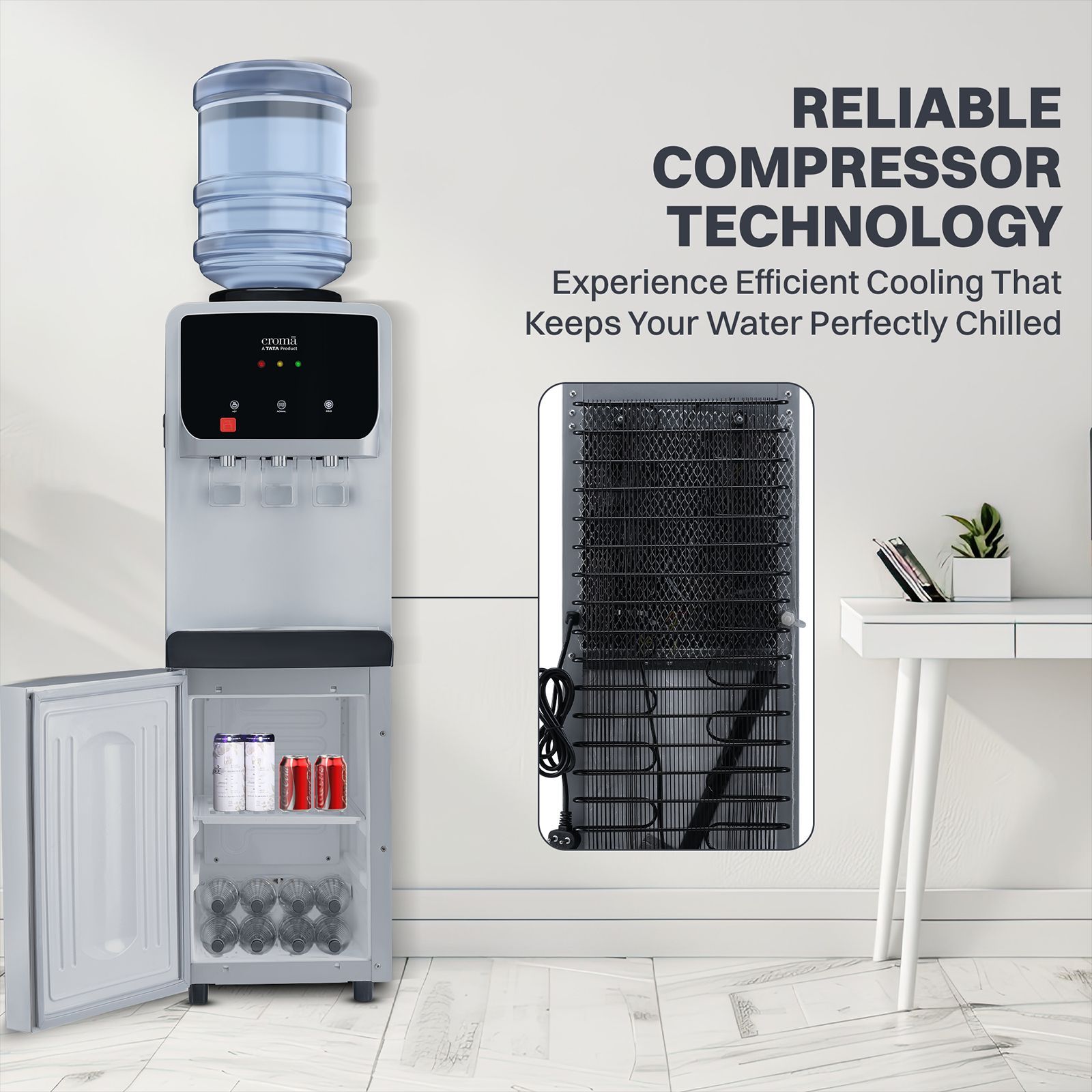 Croma Hot, Cold & Normal Top Load Water Dispenser with Cooling Cabinet (Silver)_16