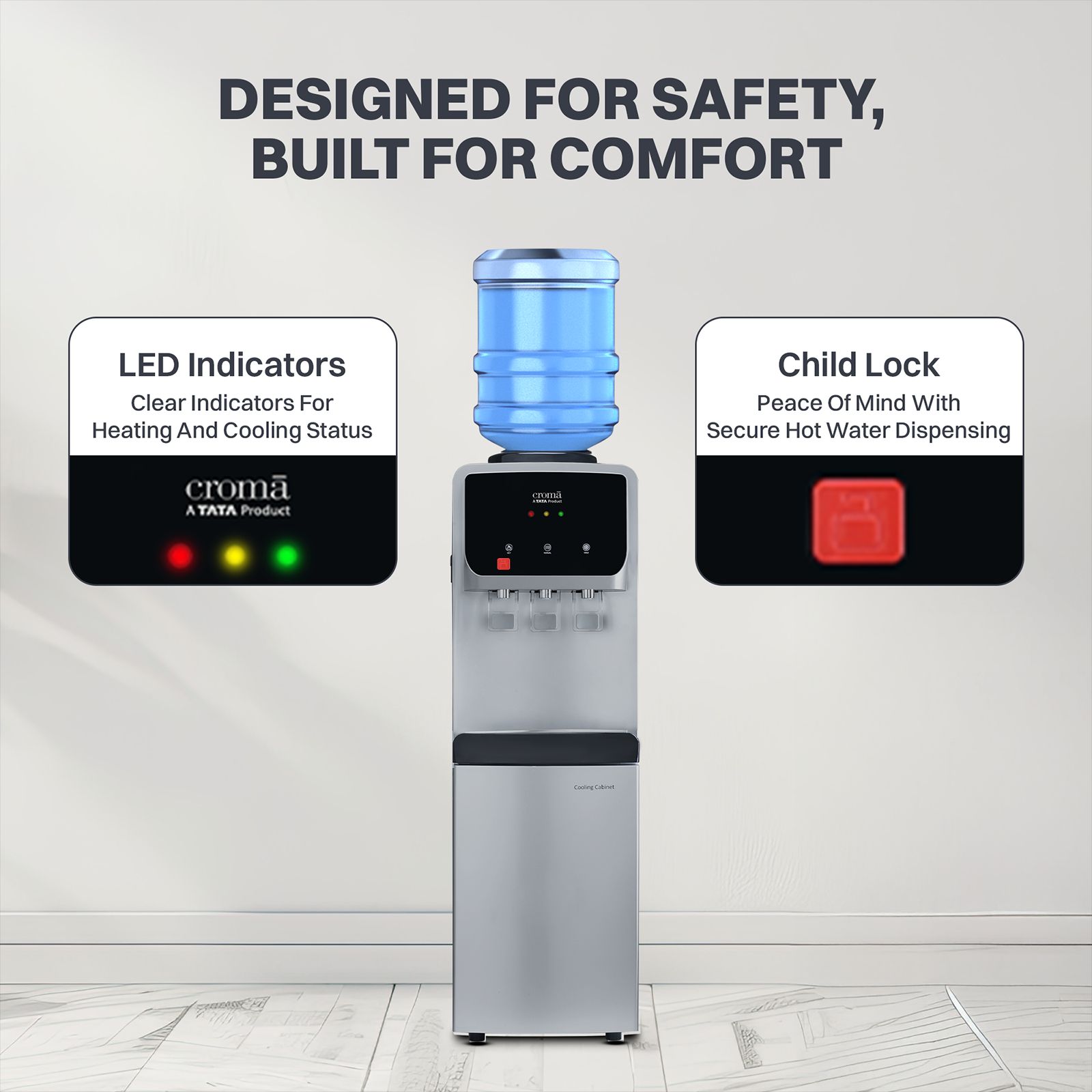 Croma Hot, Cold & Normal Top Load Water Dispenser with Cooling Cabinet (Silver)_17