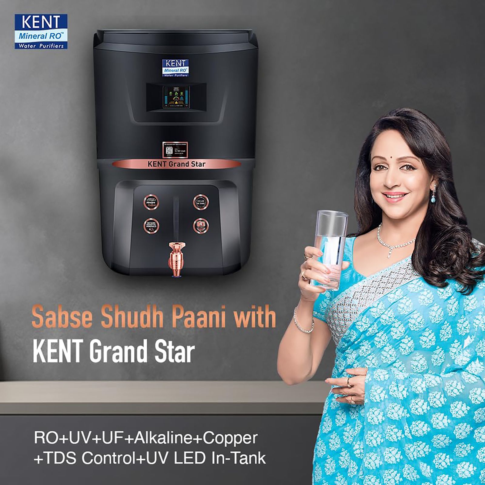 KENT Grand Star 9L RO + UV + UF + TDS + Alkaline Water Purifier with Digital Display (Black)_7