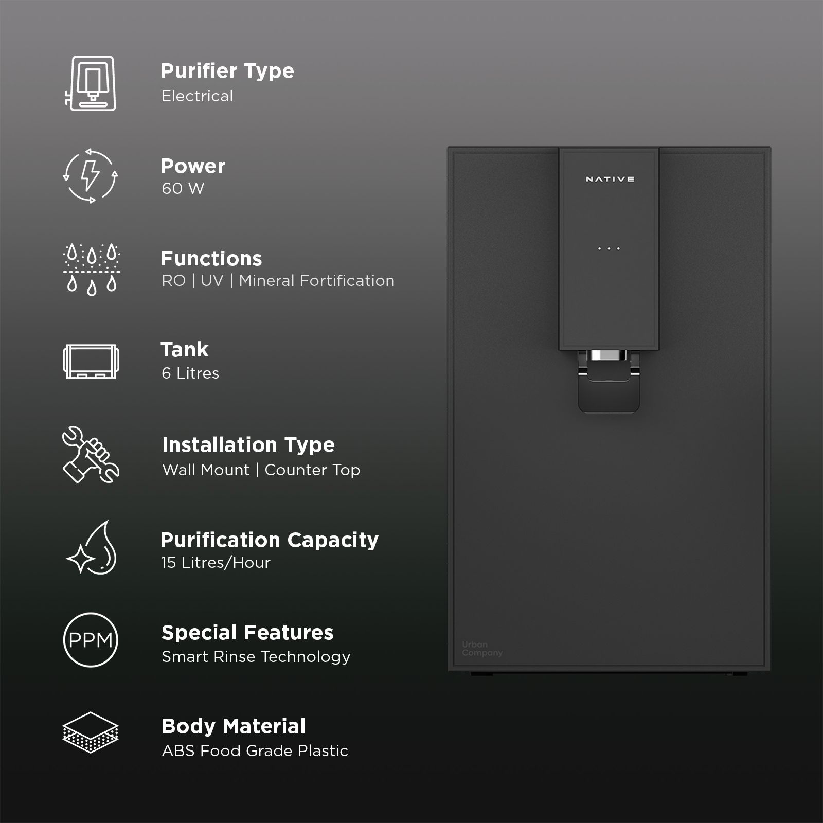 Native by UC M0 6L RO + UV + Minerals Water Purifier with Smart Rinse Technology (Black)_3