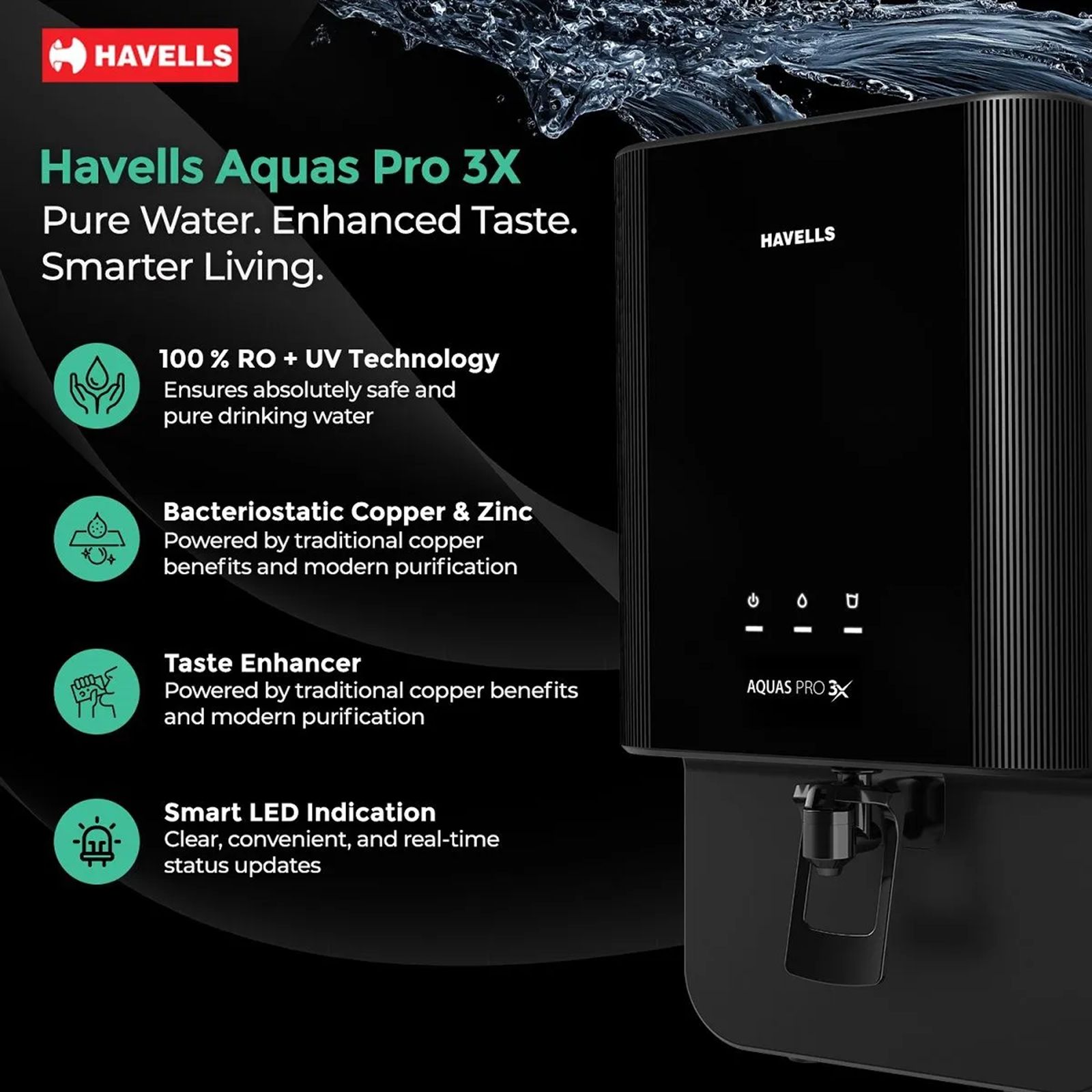 Havells Aquas Pro 3X 7L RO + UV Water Purifier with Bacteriostatic Taste Enhancer (Black)_10