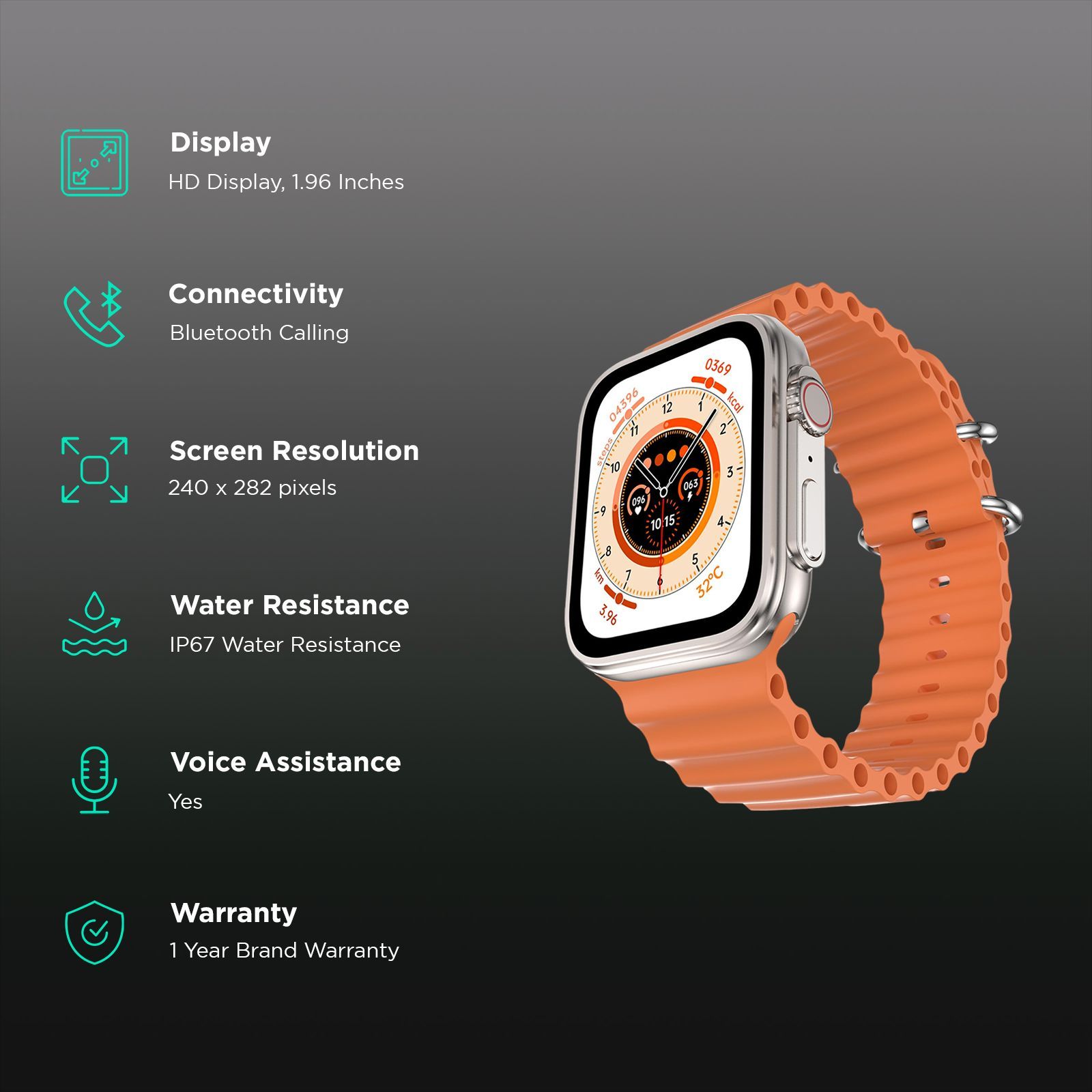 FIRE-BOLTT Gladiator Ocean Smartwatch with Bluetooth Calling (49.7mm Display, IP67 Water Resistant, Orange Strap)_2