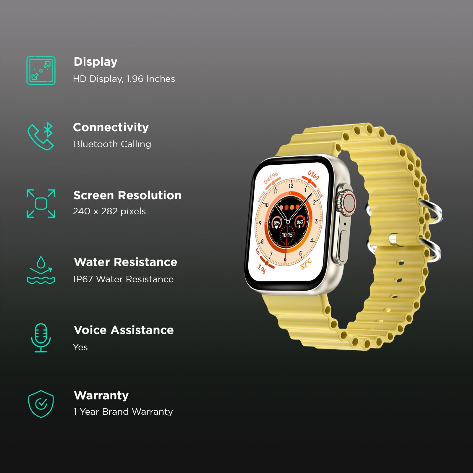 FIRE-BOLTT Gladiator Ocean Smartwatch with Bluetooth Calling (49.7mm HD Display, IP67 Water Resistant, Yellow Strap)_2