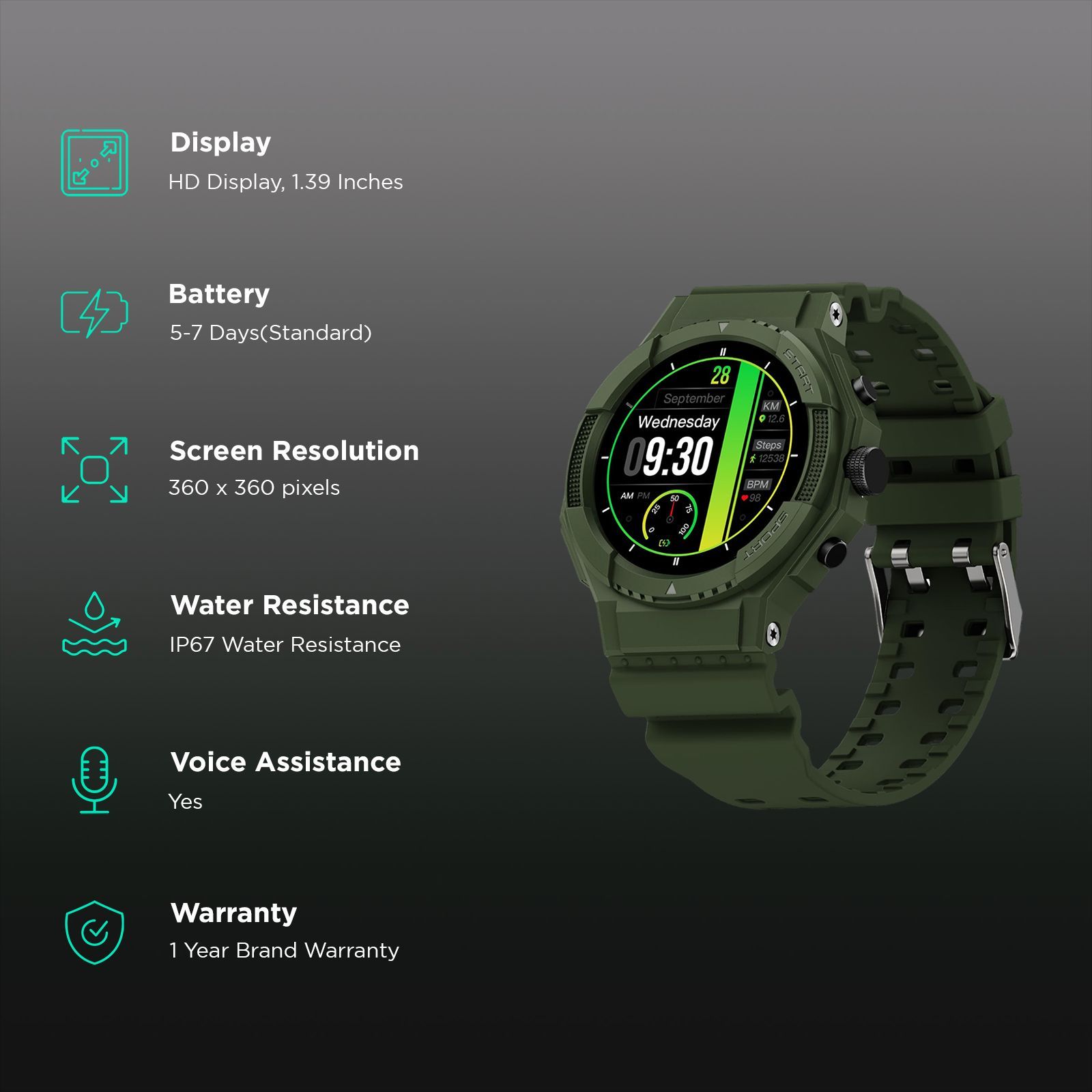 FIRE-BOLTT Quest Smartwatch with Bluetooth Calling (35.3mm HD Display, IP67 Water Resistant, Wildwood Green Strap)_2
