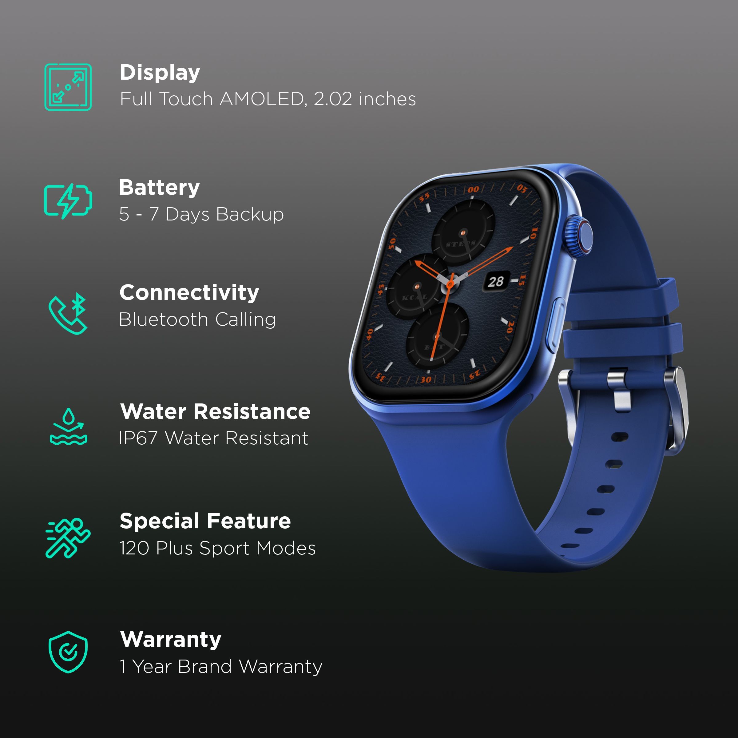 FIRE-BOLTT Brillia Smartwatch with Bluetooth Calling (51.30mm AMOLED Display, IP67 Water Resistant, Blue Strap)_2