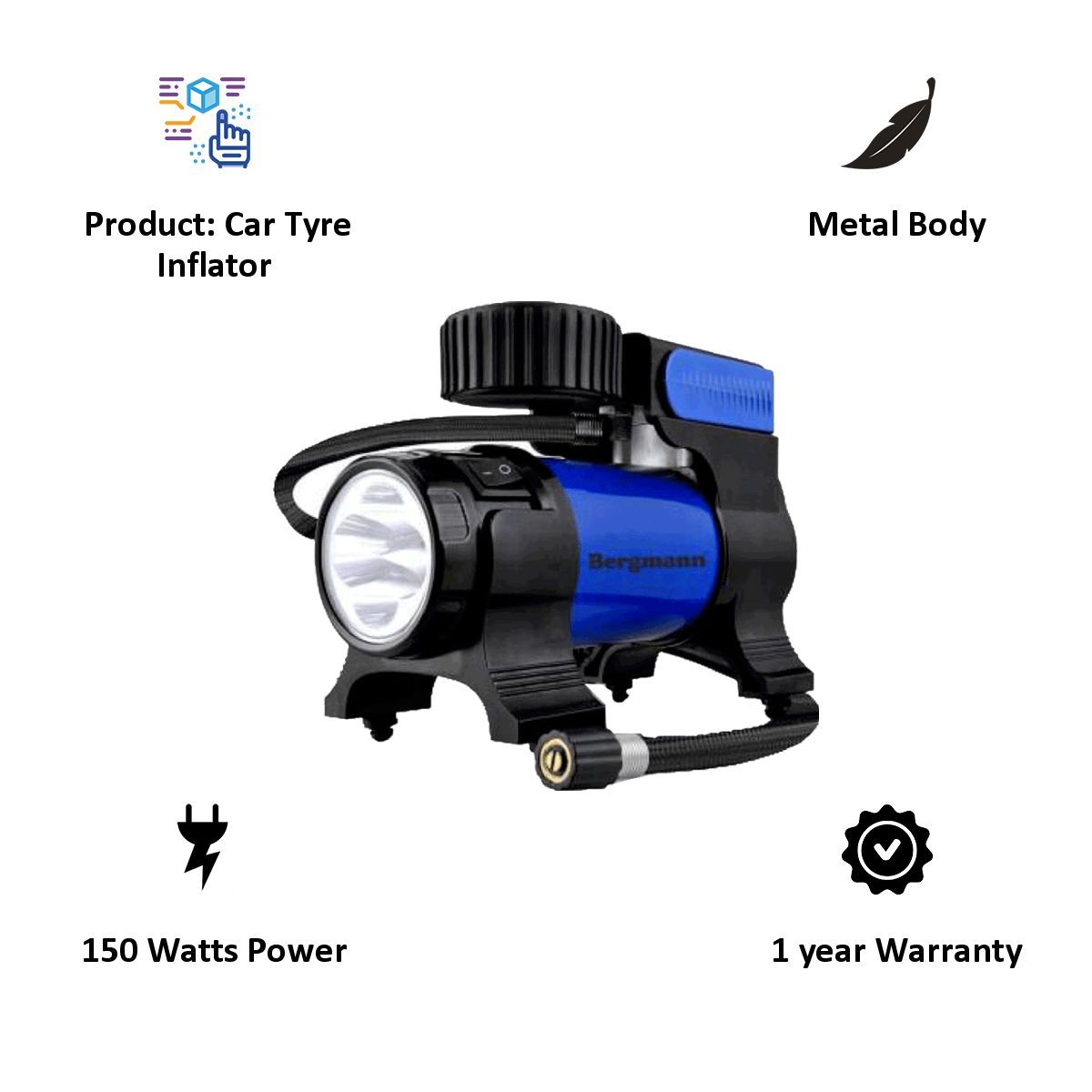 BERGMANN Typhoon Car Tyre Inflator (BCT-150, Blue)_3