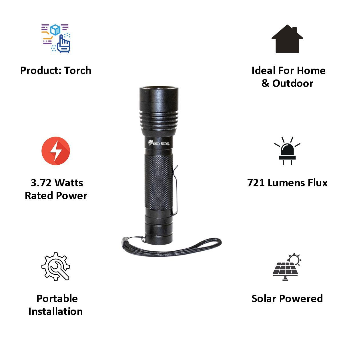 sun king 3.72 Watts Solar Torch (721 Lumens, Strobe Mode for Security, SK-133, Black)_2