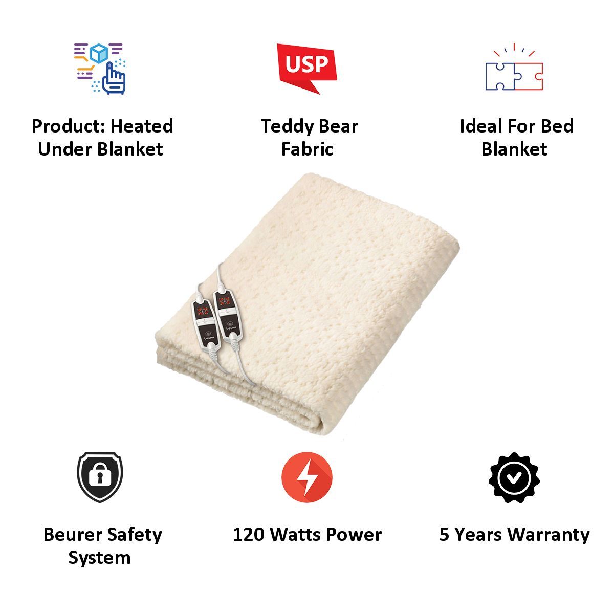 beurer UB 56 Teddy Double Fabric Heated Underblanket (Beurer Safety System, 31902, White)_3