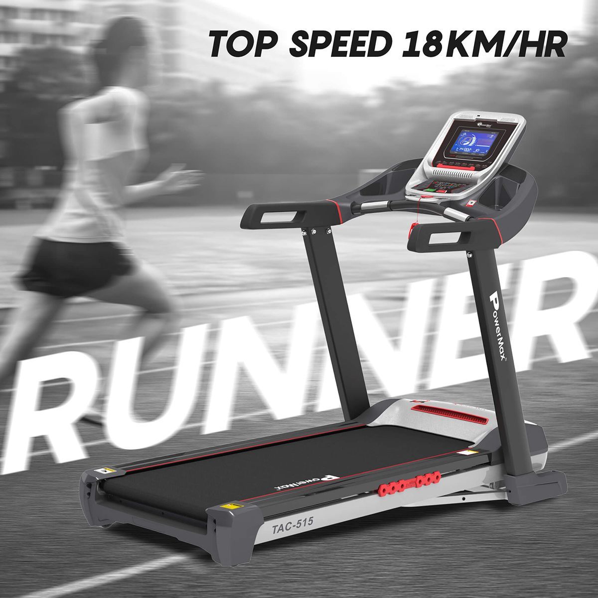 PowerMax MaxTrek 6 HP Foldable Motorized Treadmill (Hydraulic Softdrop System, TAC-515, Red/Black)_11