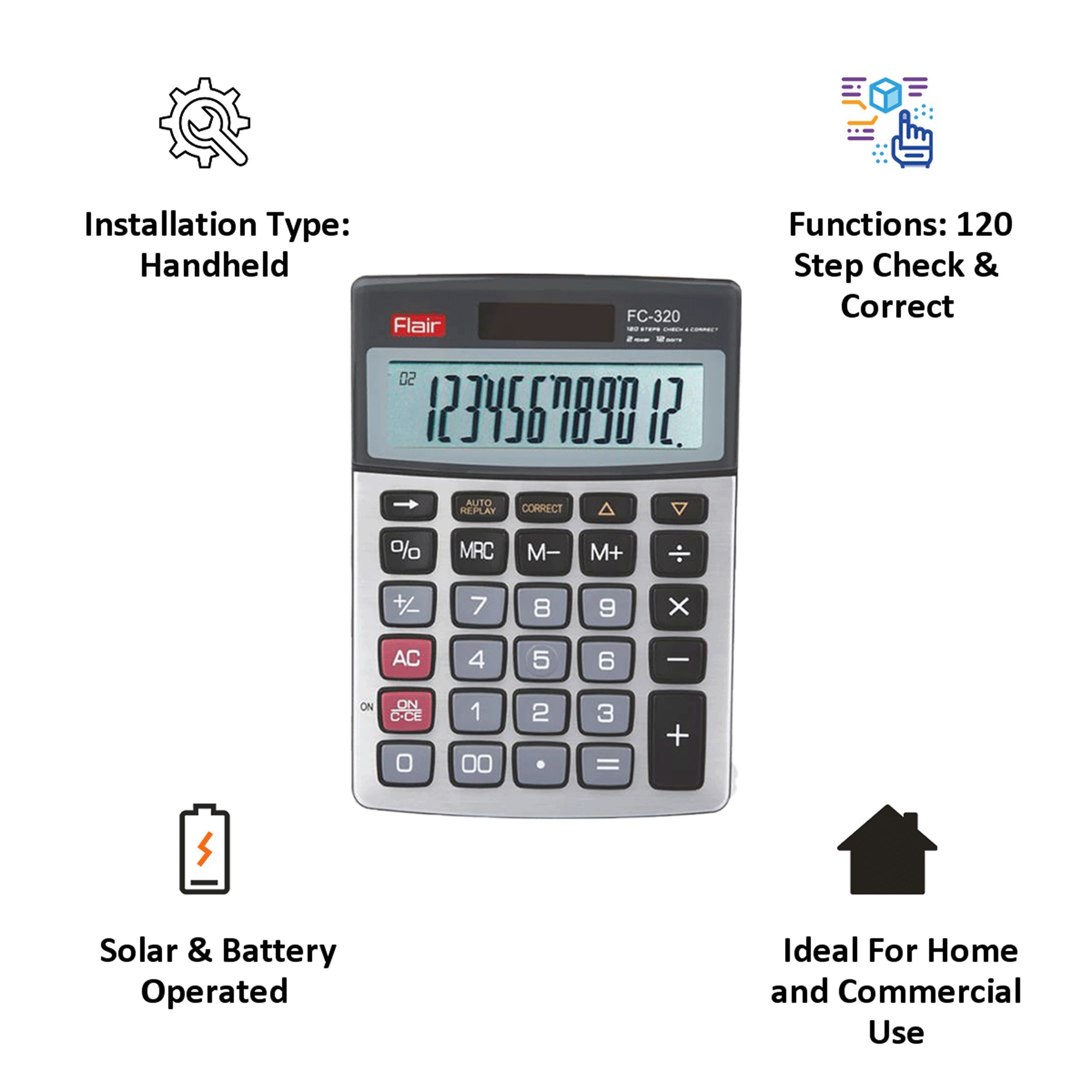 Flair Desktop Basic Calculator (120 Step Check and Correct, FC 320, Silver)_3