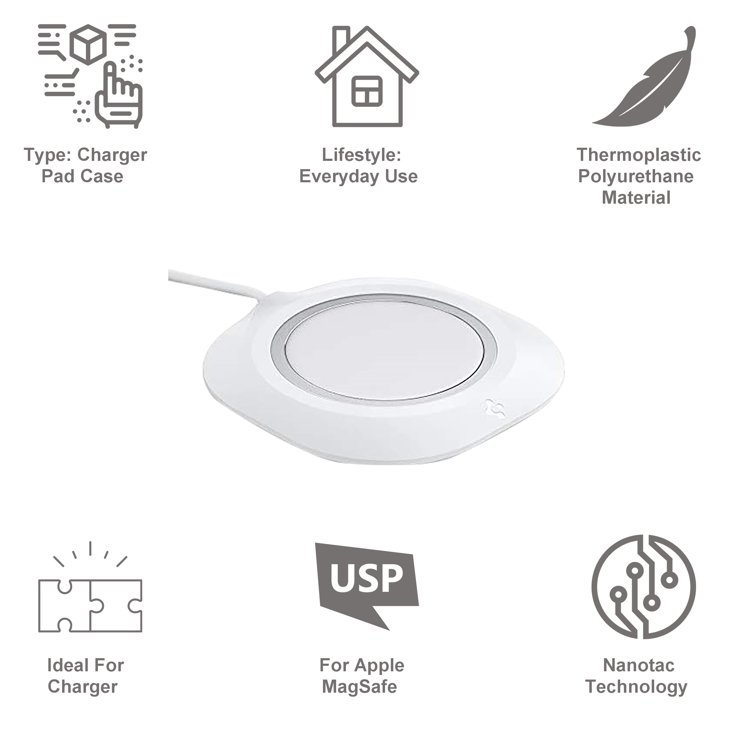 spigen Mag Fit Thermoplastic Polyurethane Charger Case For Apple MagSafe (Nanotac Technology, AMP02563, White)_2