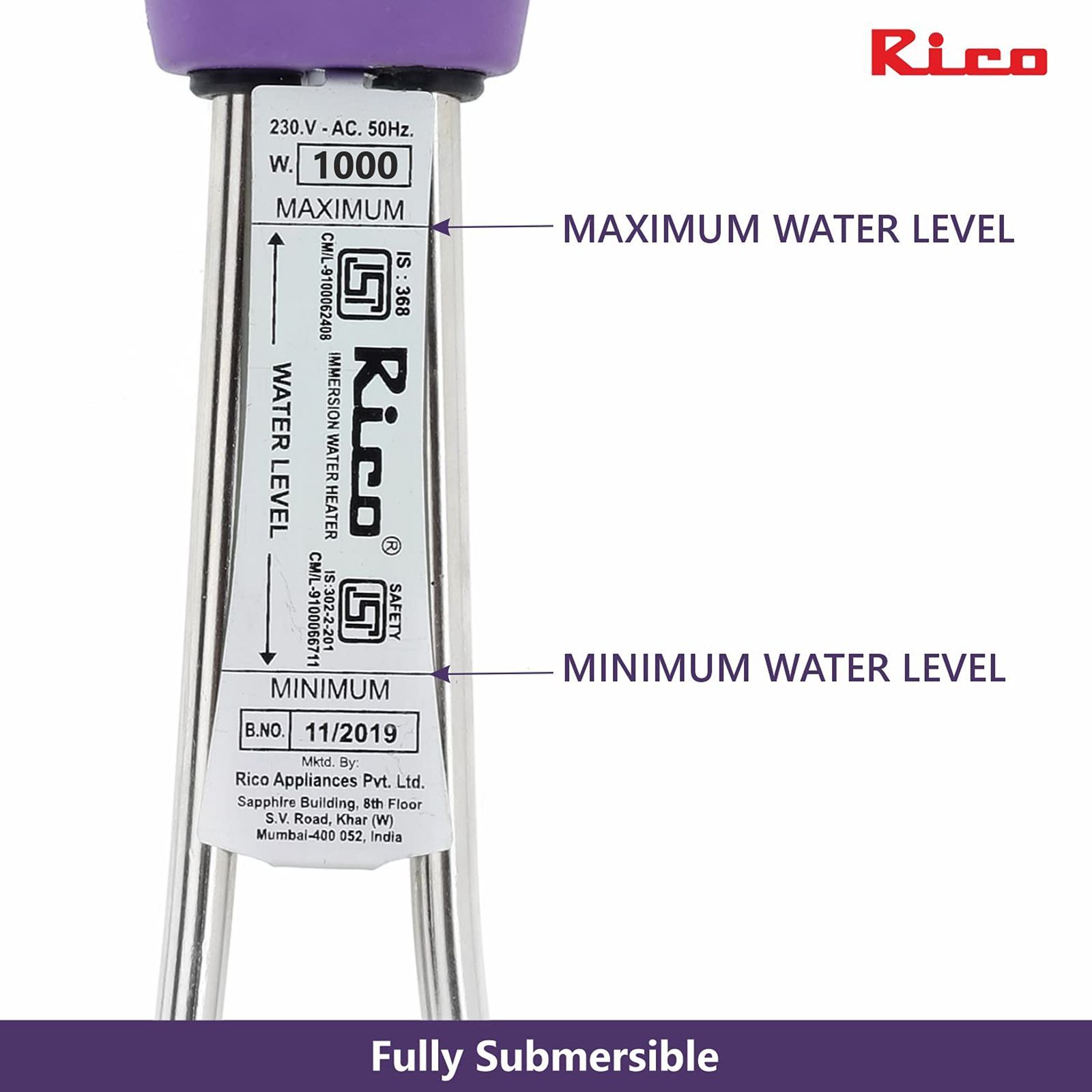 Rico 1000W Shockproof Immersion Rod with Quick Heat Technology (ISI Marked, Purple)_5