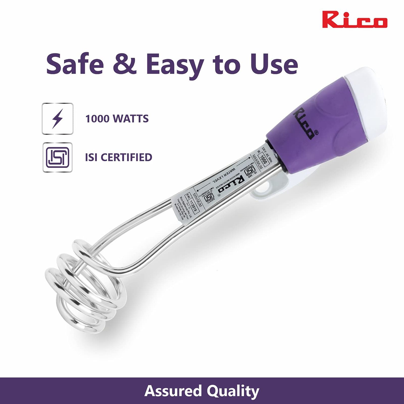 Rico 1000W Shockproof Immersion Rod with Quick Heat Technology (ISI Marked, Purple)_6