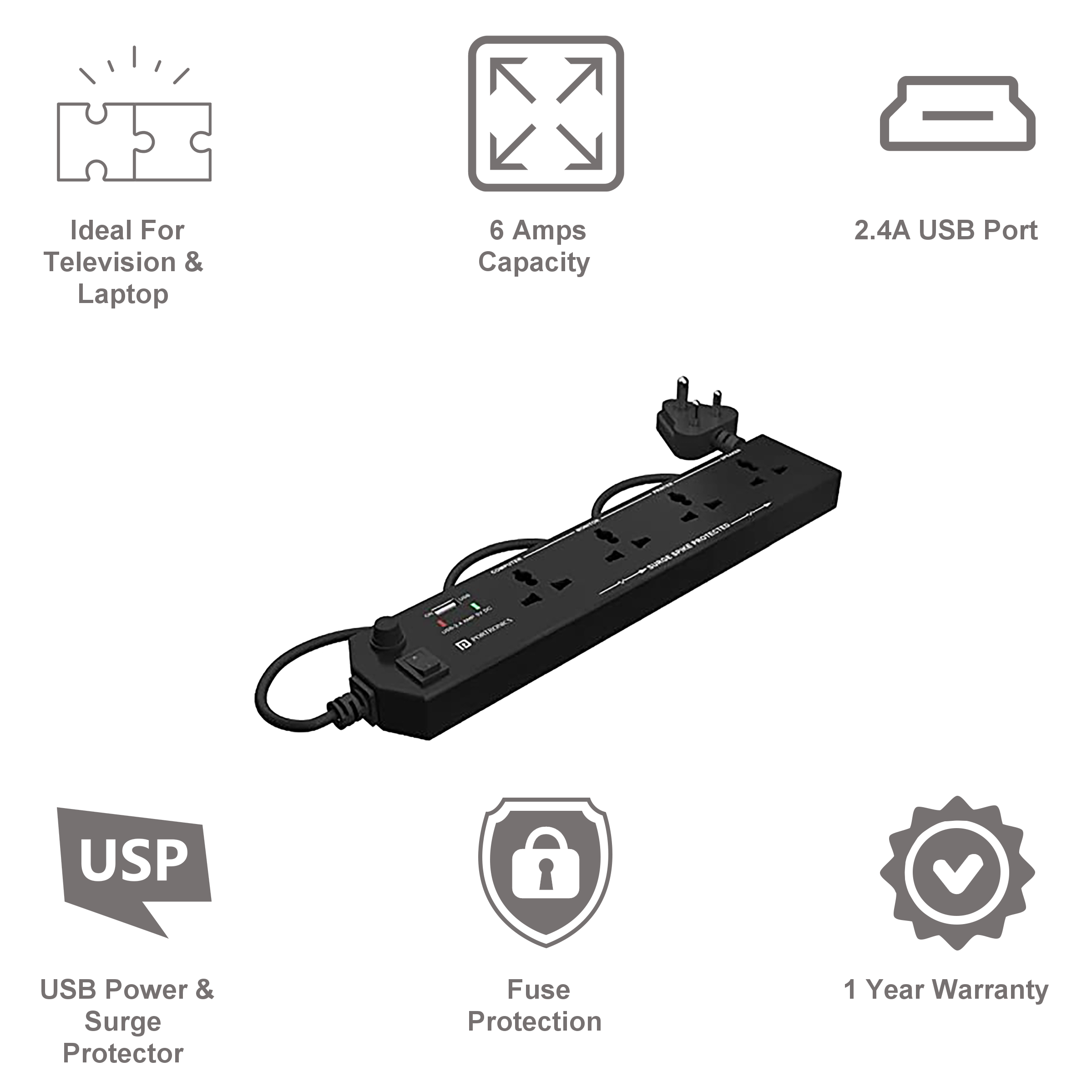 PORTRONICS POR 1291 6 Amps 4 Sockets Surge Protector (1.5 Meters, 2.4A USB Port, Power Plate 4, Black)_2