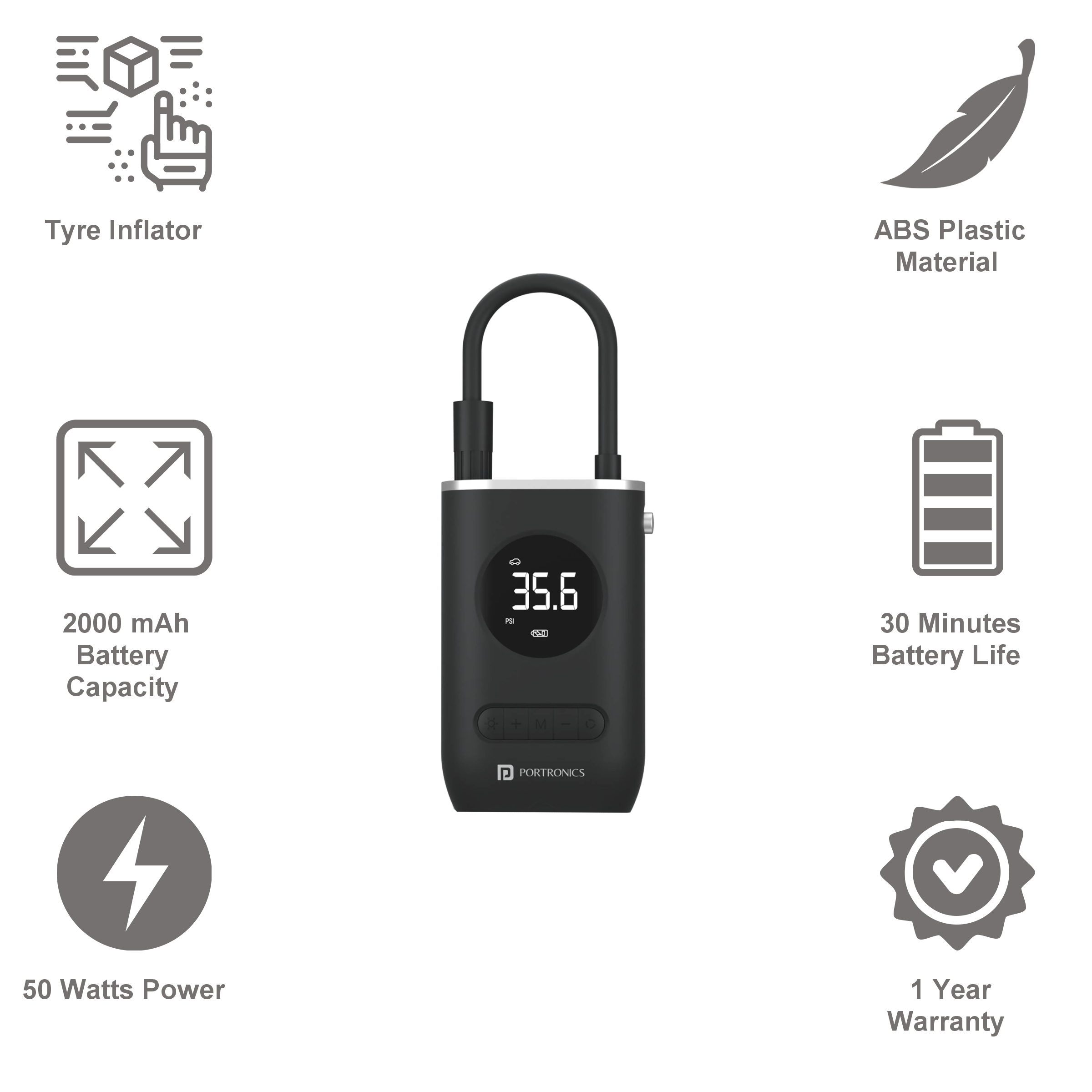 PORTRONICS Vayu 150 psi Tire Inflator for Cars & Bikes (Robust Design, POR 1480, Black) PORTRONICS Vayu 150 psi Tire Inflator for Cars & Bikes (Robust Design, POR 1480, Black)_2