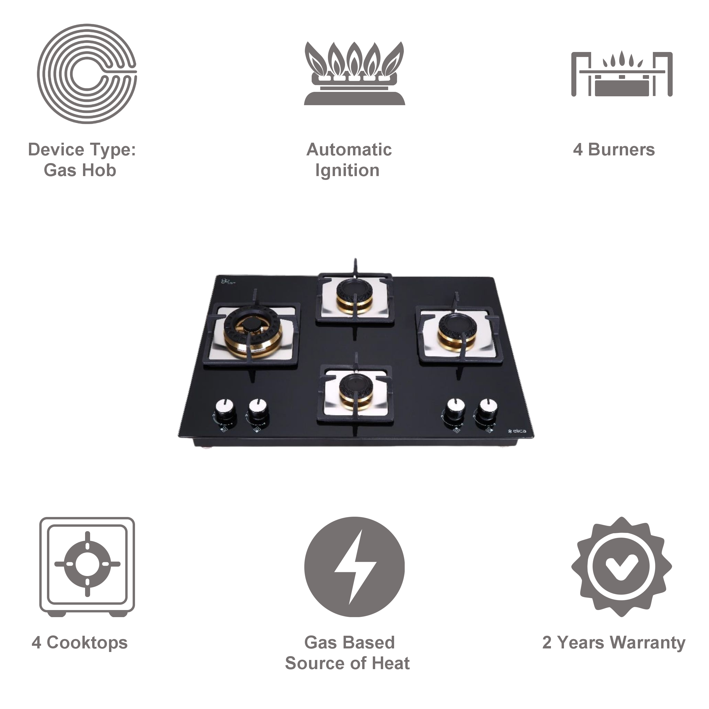 Elica FLEXI MFC FB 470 SWIRL Toughened Glass Top 4 Burner Automatic Electric Hob (Cast Iron Grid, Black)_4