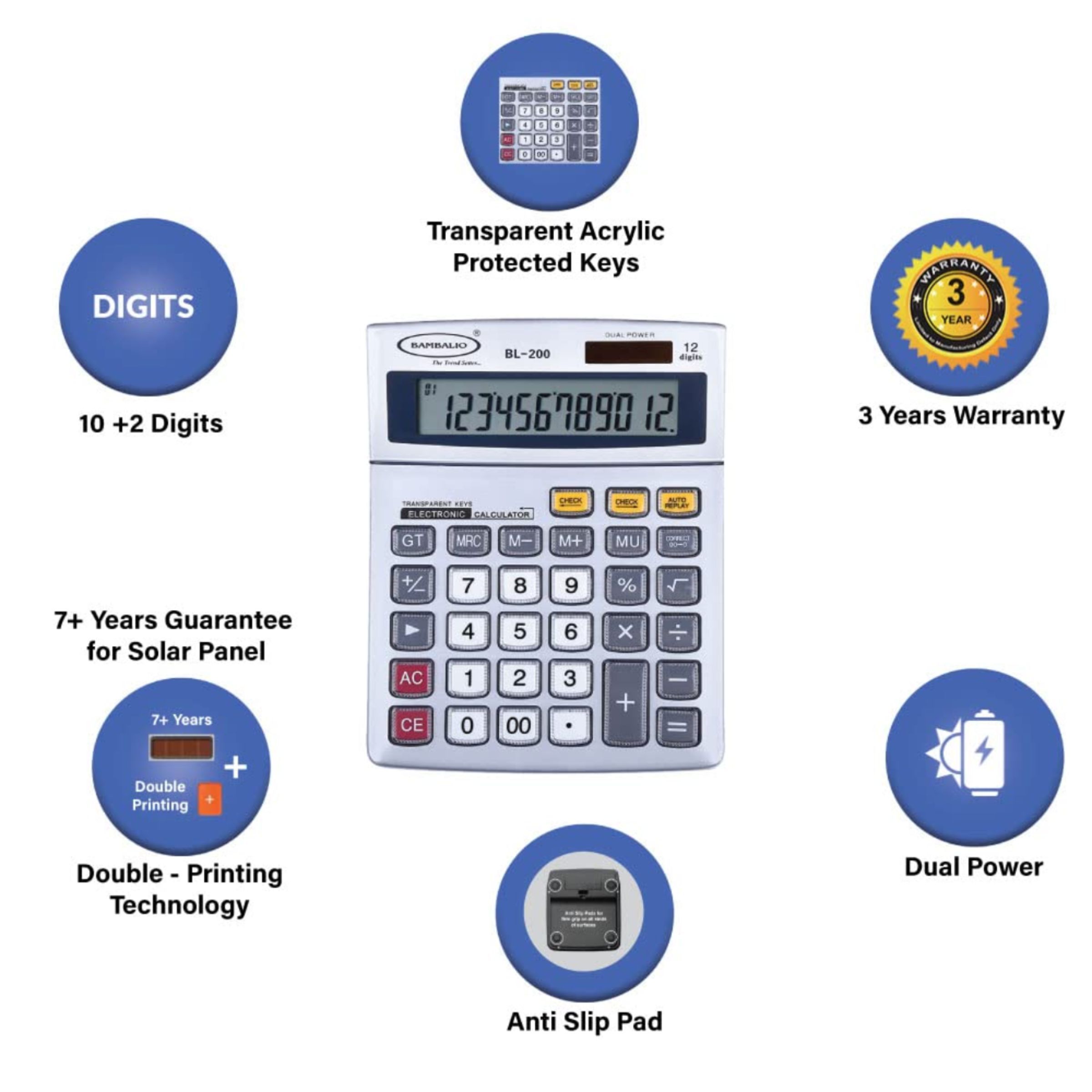 BAMBALIO Basic Calculator (12 Digits-Large Display, BL-200, Silver)_5