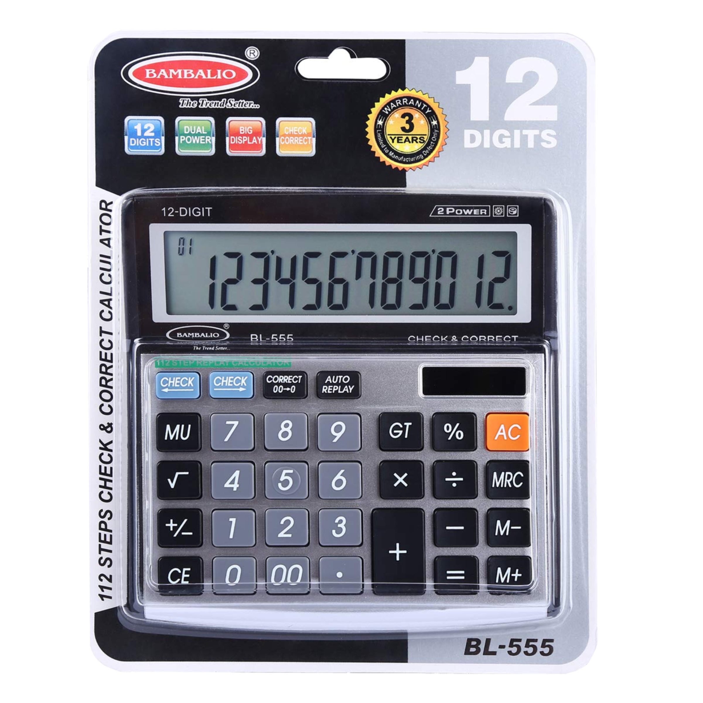 BAMBALIO Basic Calculator (12 Digits-Large Display, BL-555, Metallic)_7
