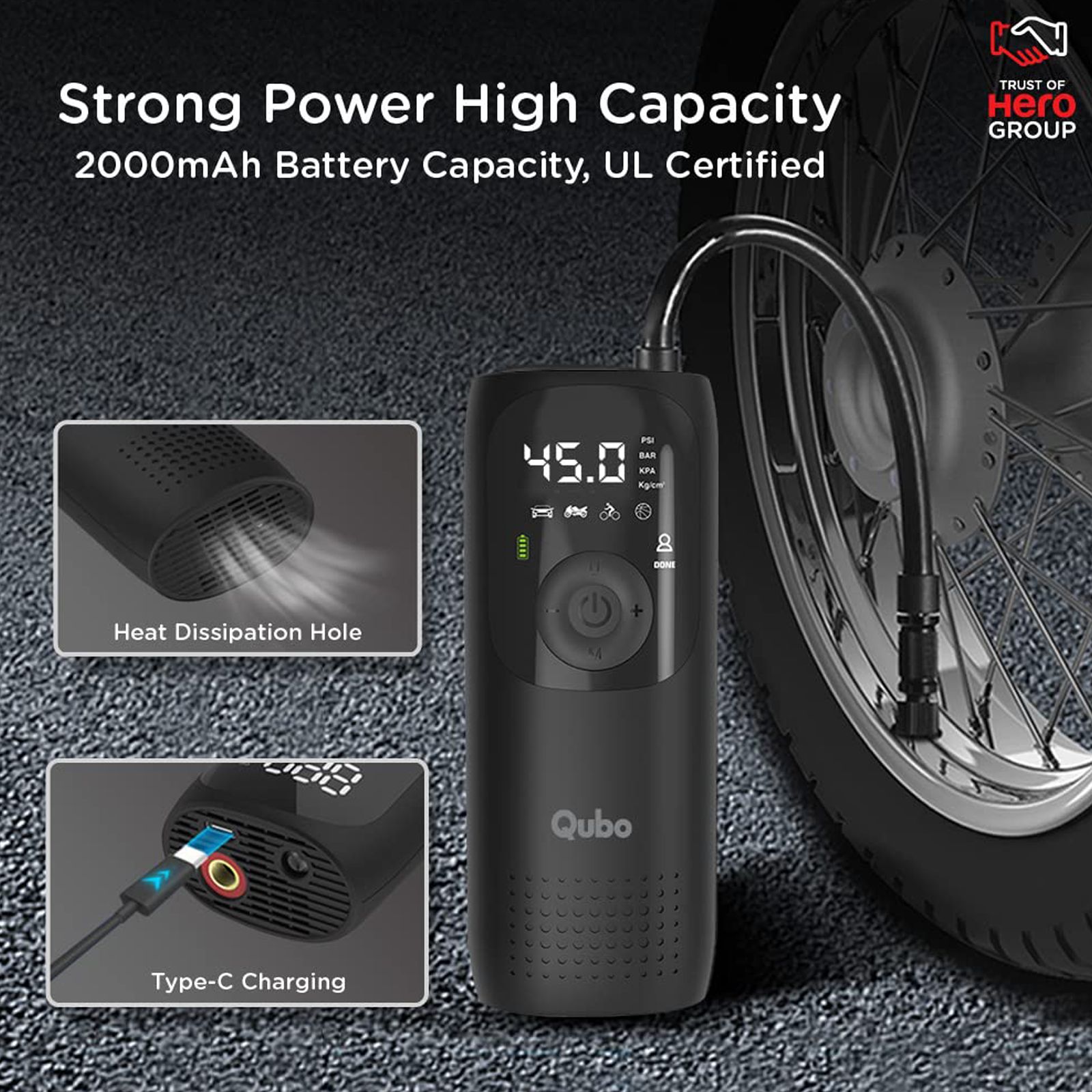 Qubo Smart 150 psi Tyre Inflator for Cars & Bikes (Pre-set Pressure, HIA01BL001, Black)_2