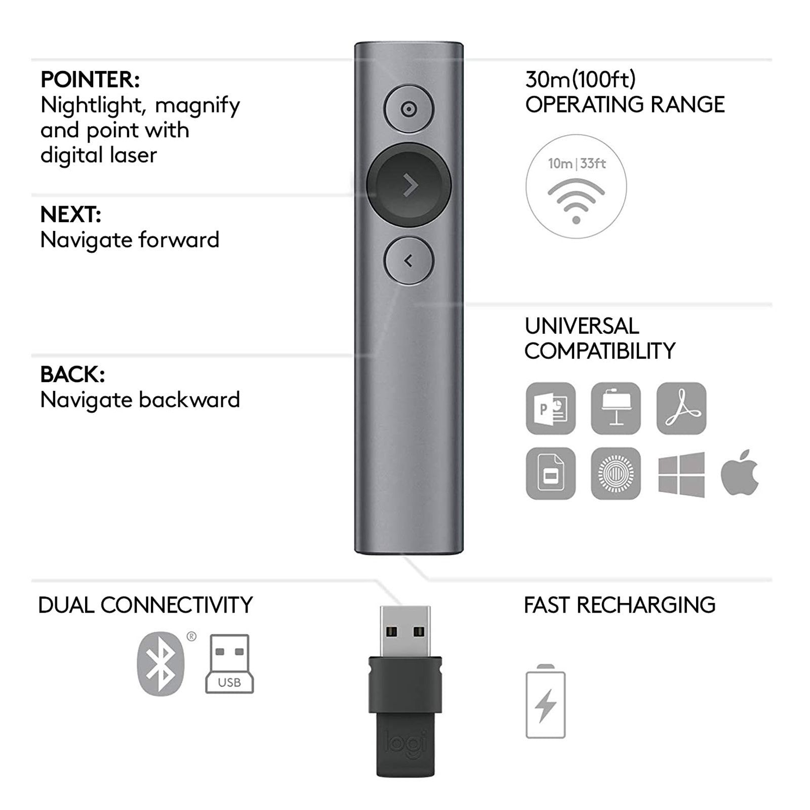 logitech Bluetooth and USB Laser Pointer (Dual Connectivity, 910-004863, Graphite) logitech Bluetooth and USB Laser Pointer (Dual Connectivity, 910-004863, Graphite)_4