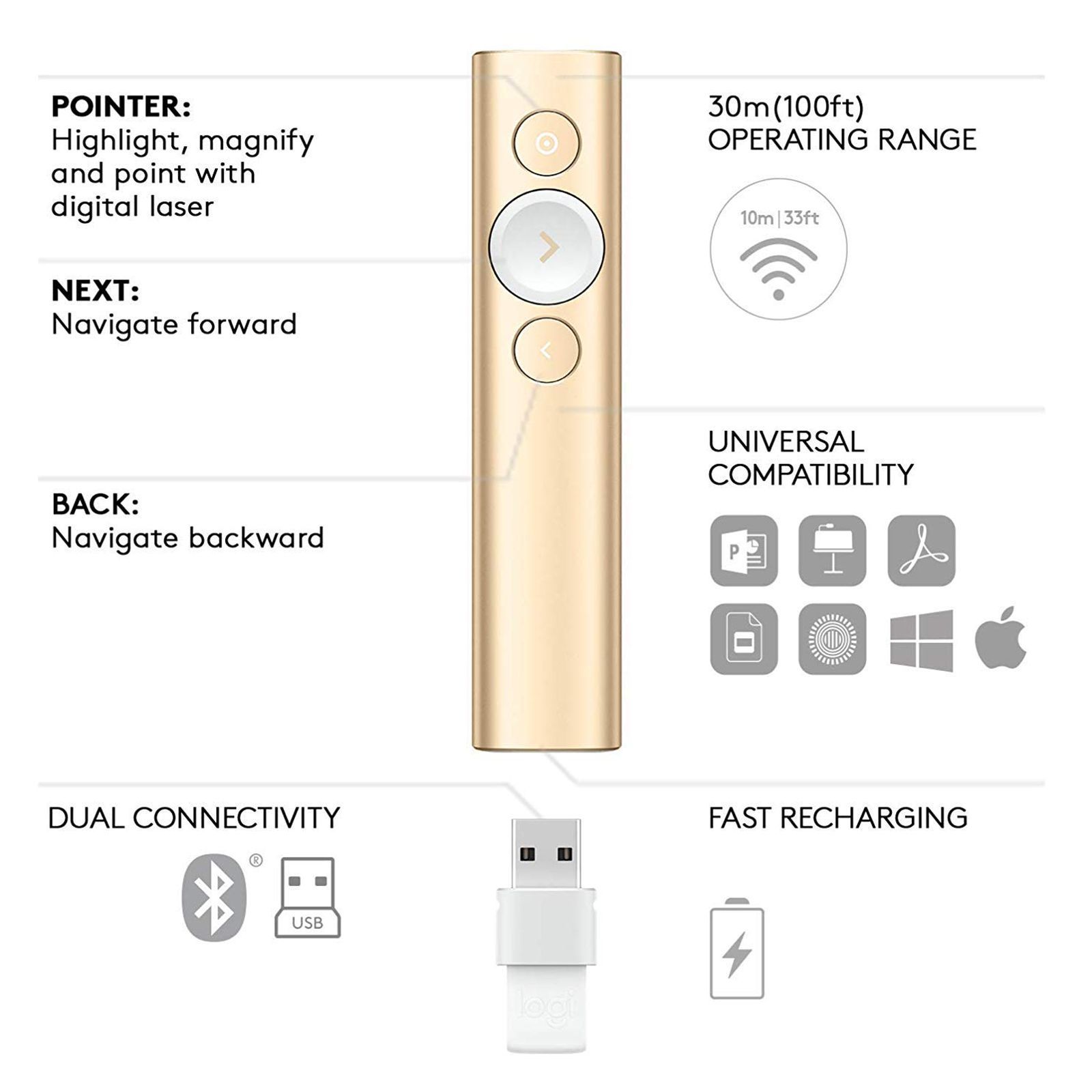 logitech Spotlight Bluetooth and USB Laser Pointer (Advanced Pointing, 910004864, Gold) logitech Spotlight Bluetooth and USB Laser Pointer (Advanced Pointing, 910004864, Gold)_4