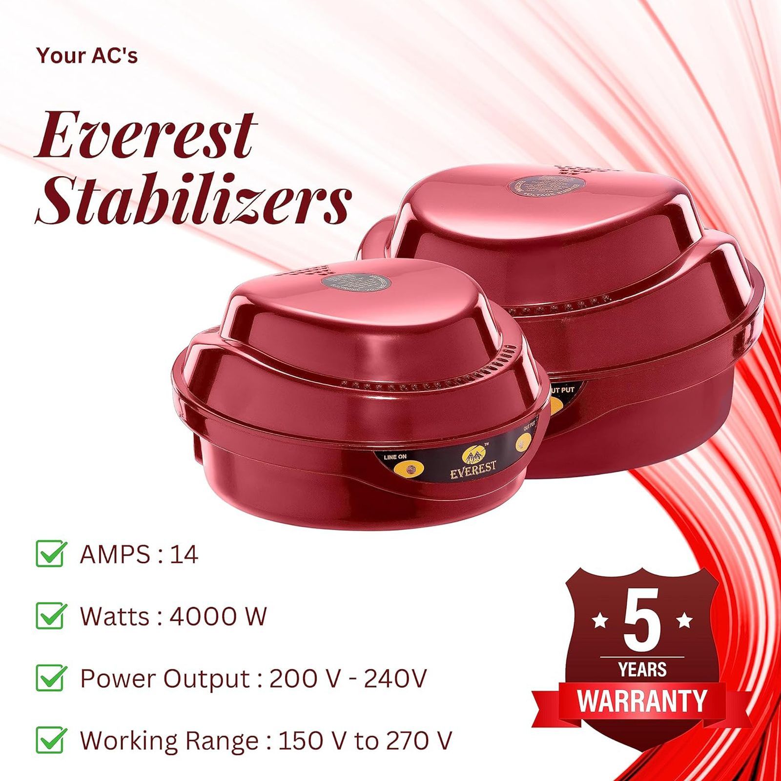 Everest EPS 50 14 Amps Voltage Stabilizer For Up to 300 Litres Single Door Refrigerator (130 - 290 V, Thermal Overload Protection, Cherry Red)_6