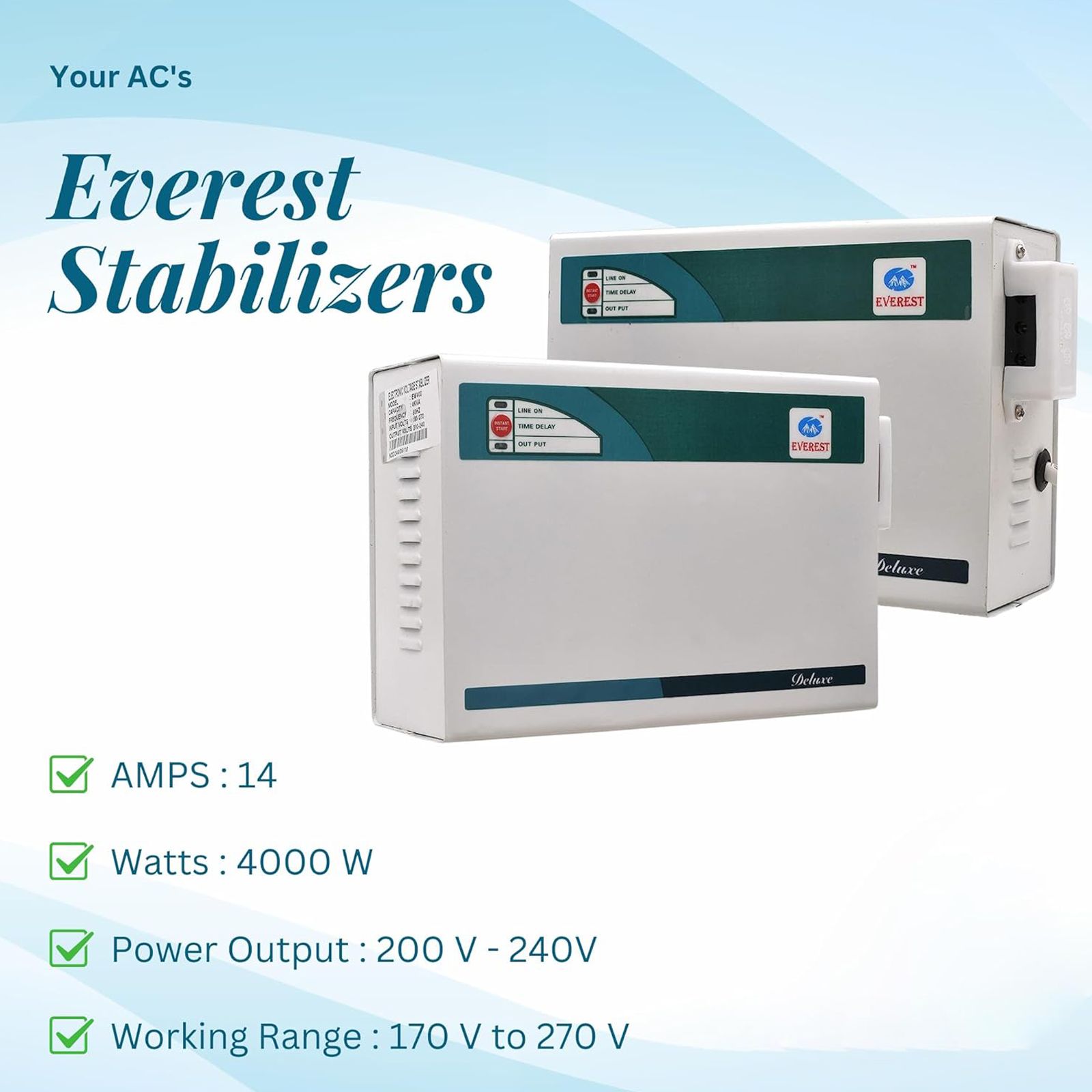Everest EW 4 KVA DELUXE 10 Amps Voltage Stabilizer For Up to 1.5 Ton AC (170 - 270 V, Thermal Overload Protection, White) Everest EW 4 KVA DELUXE 10 Amps Voltage Stabilizer For Up to 1.5 Ton AC (170 - 270 V, Thermal Overload Protection, White)_4