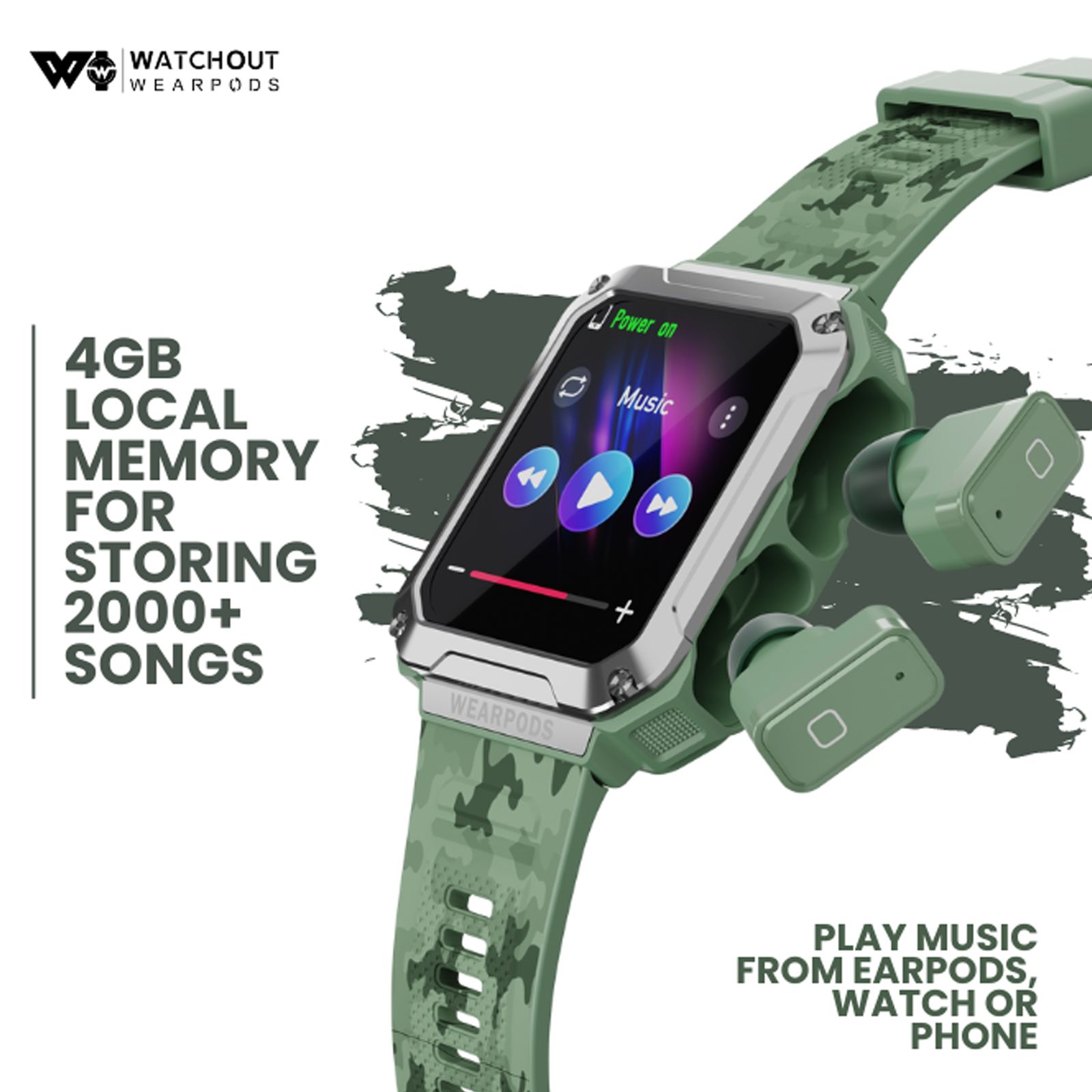 WATCHOUT WearPods Teens Smartwatch with Bluetooth Calling (49.7mm HD Display, Water Resistant, Military Green Strap)_9
