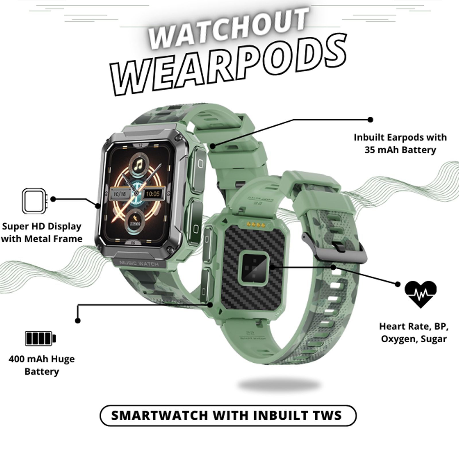 WATCHOUT WearPods Teens Smartwatch with Bluetooth Calling (49.7mm HD Display, Water Resistant, Military Green Strap)_10