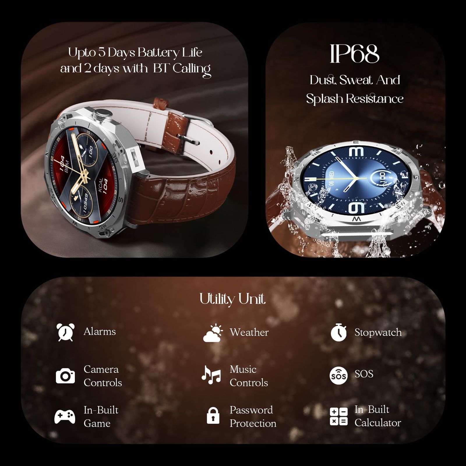 boAt Enigma Z20 Smartwatch with Bluetooth Calling (38.35mm HD Display, IP68 Water Resistant, Brown Leather Strap)_9