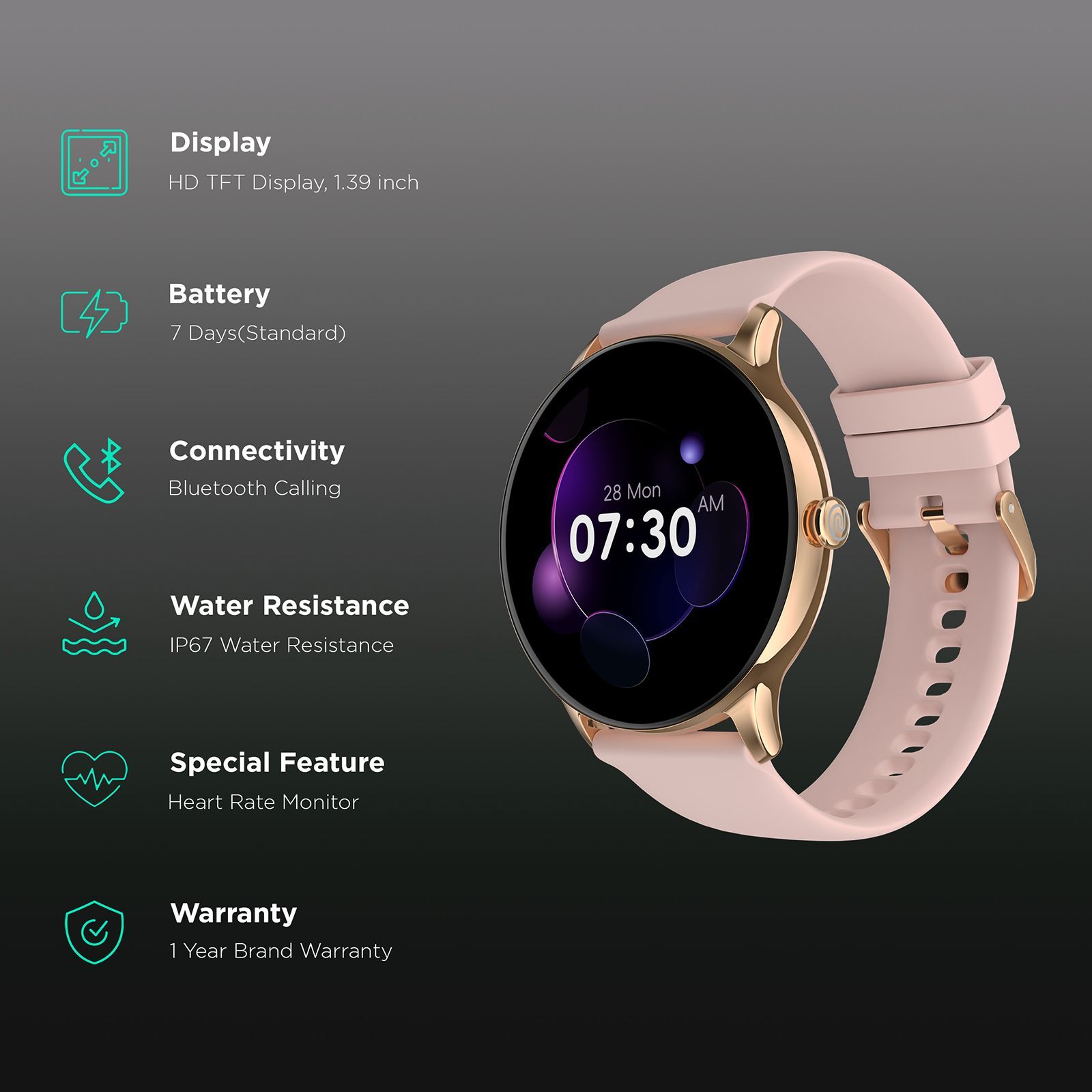 noise NoiseFit Twist Go Smartwatch with Bluetooth Calling (35.3mm TFT HD Display, IP67 Water Resistant, Rose Pink Strap)_2