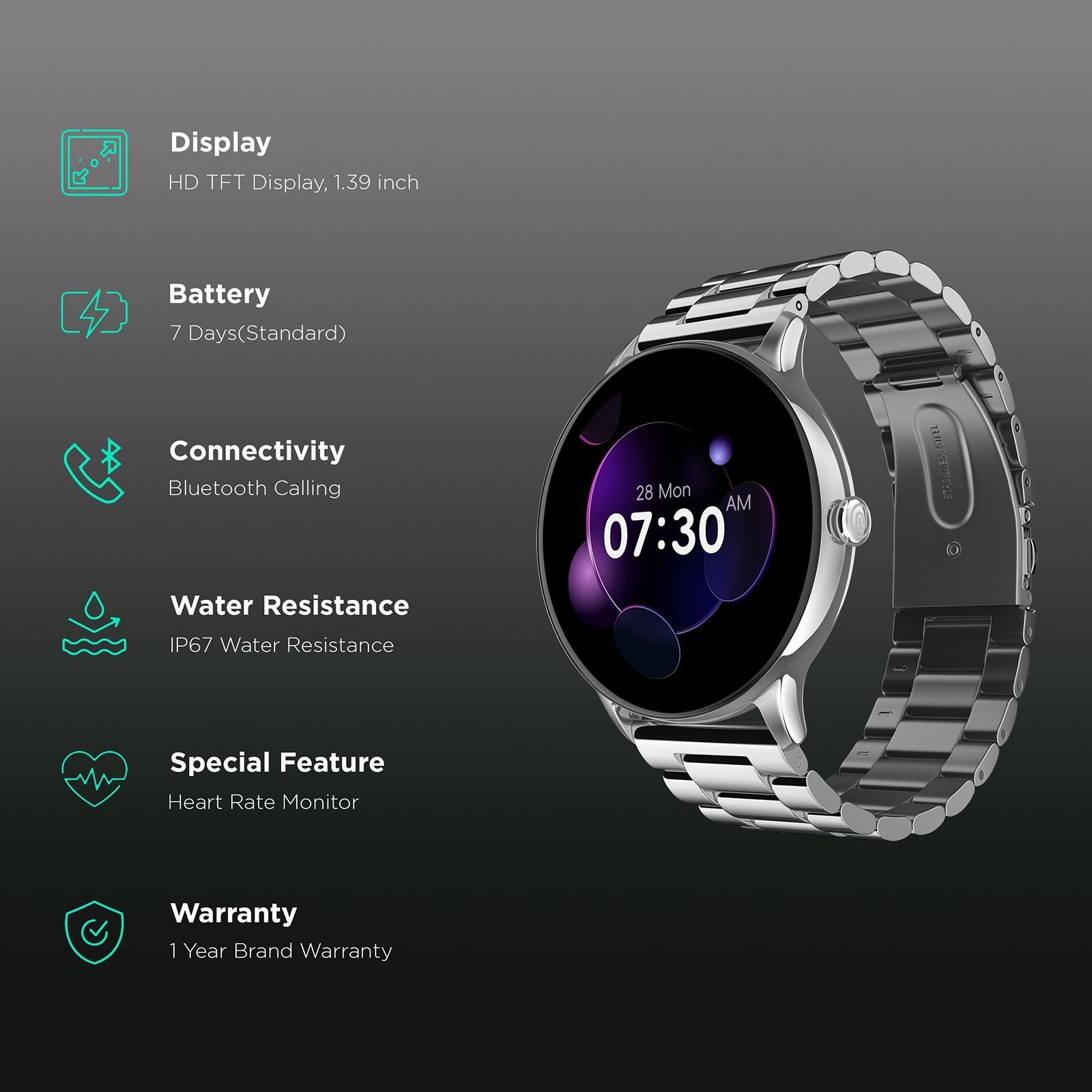 noise NoiseFit Twist Go Smartwatch with Bluetooth Calling (35.3mm TFT HD Display, IP67 Water Resistant, Elite Silver Strap)_2