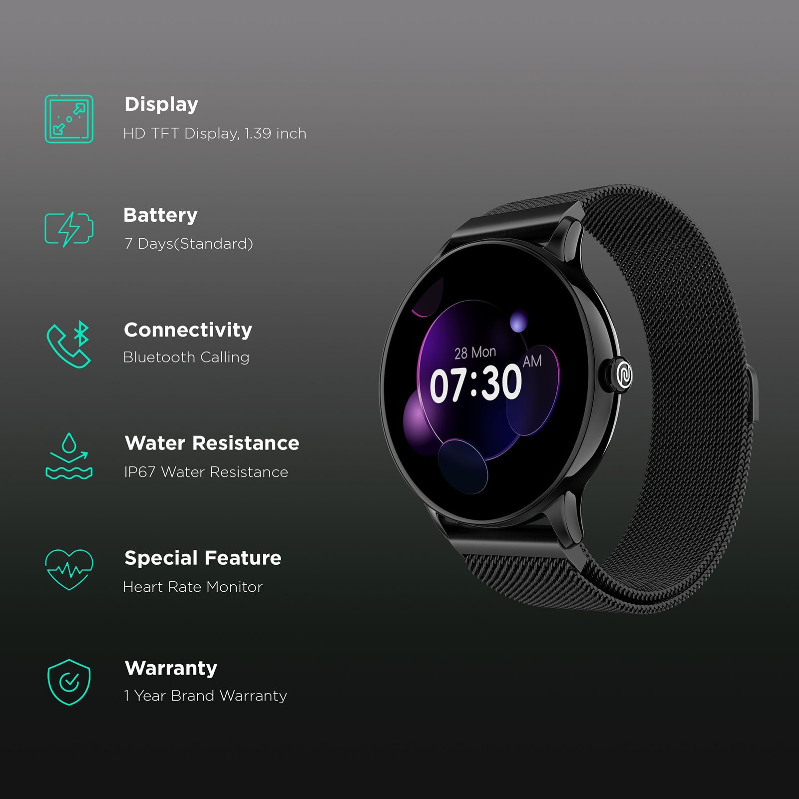 noise Twist Go Smartwatch with Bluetooth Calling (35mm TFT Display, IP67 Water Resistant, Black Link Strap)_2