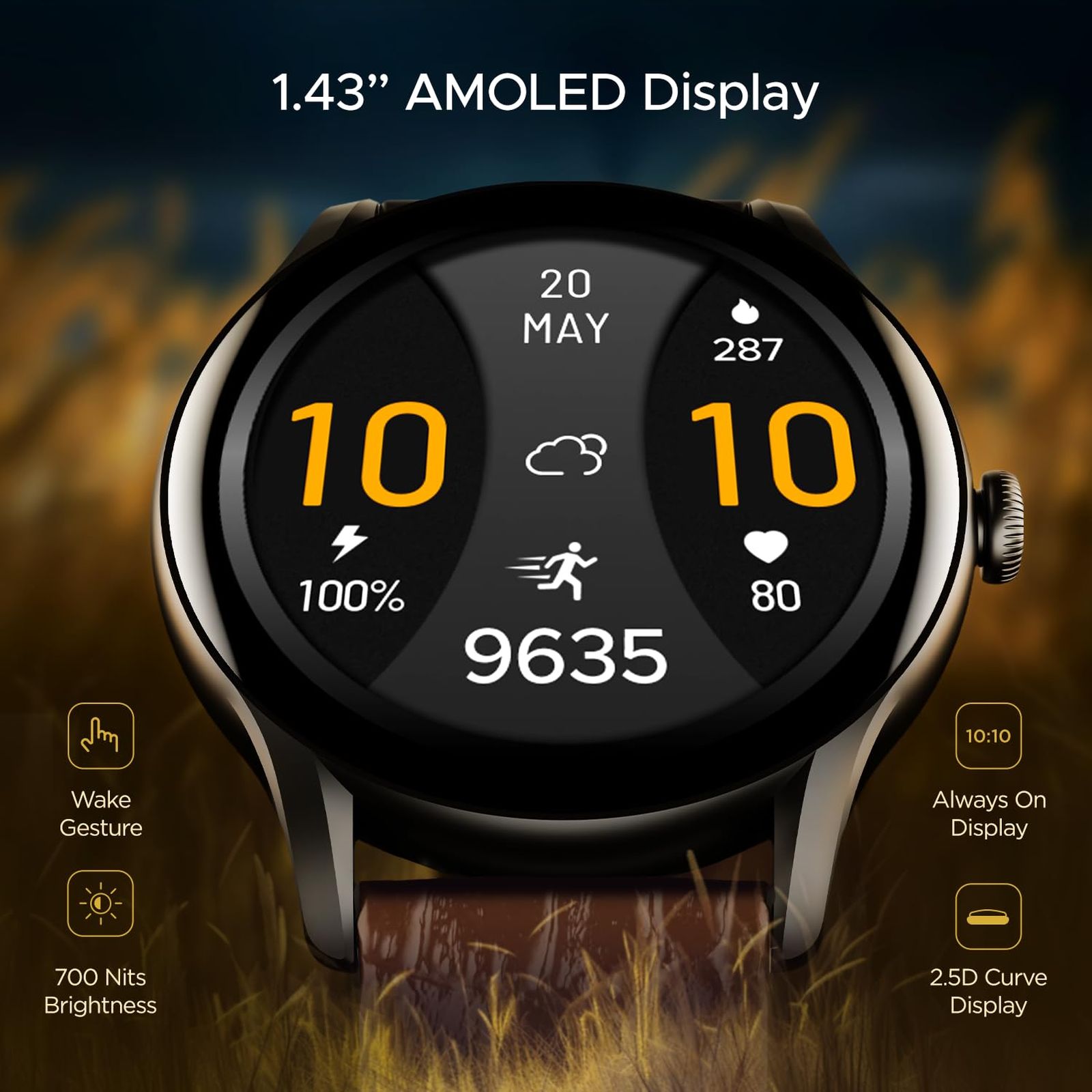 boAt Lunar Connect Ace Smartwatch with Bluetooth Calling (36.3mm AMOLED Display, IP68 Water Resistant, Brown Leather Strap)_2