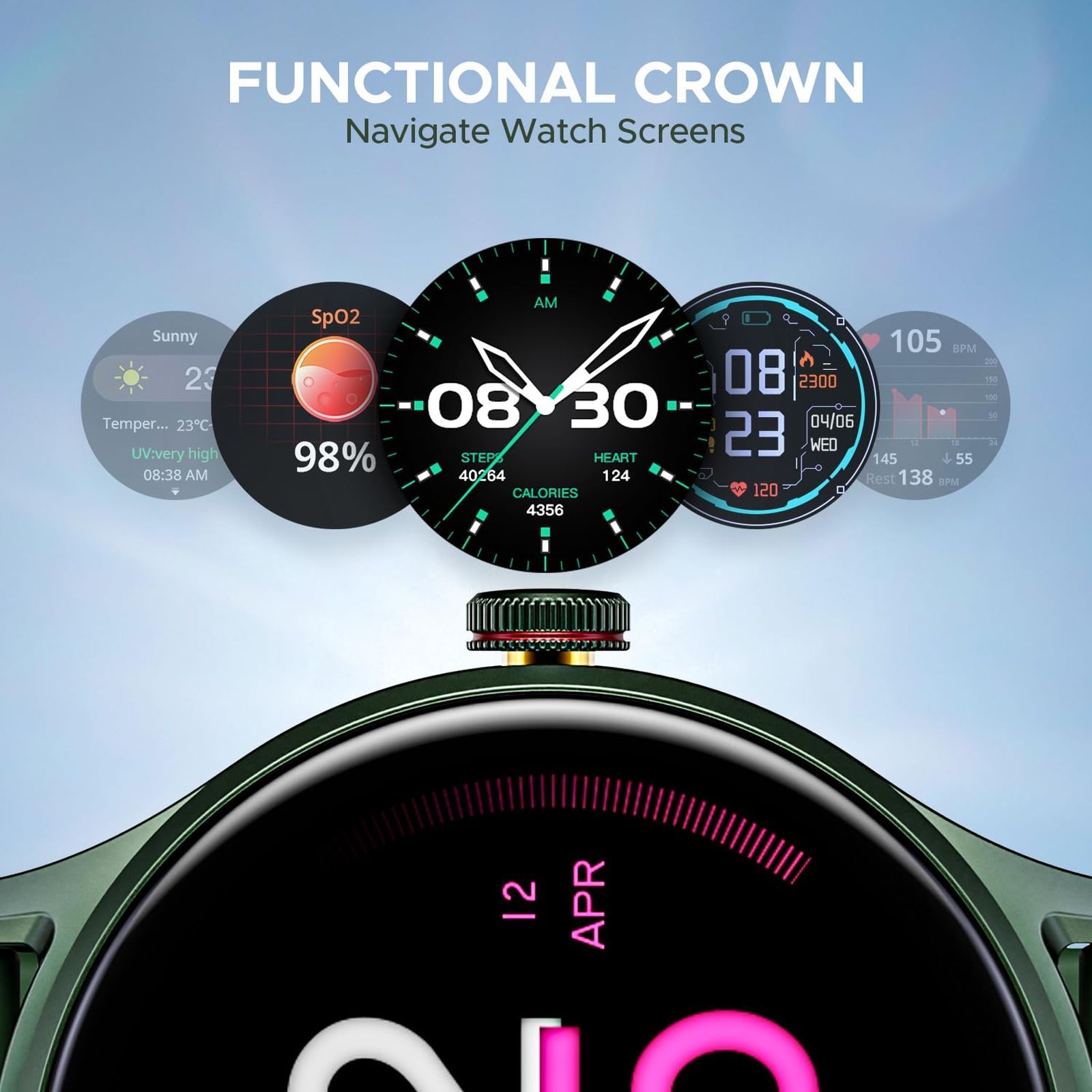 boAt Lunar Vista Smartwatch with Bluetooth Calling (38.60mm HD Display, IP67 Splash Resistant, Olive Green Strap)_4