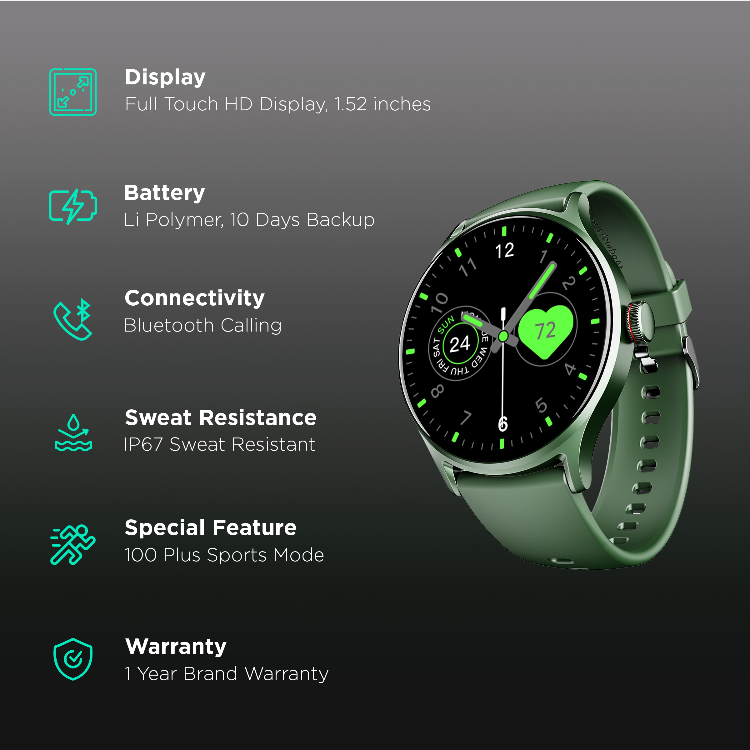 boAt Lunar Vista Smartwatch with Bluetooth Calling (38.60mm HD Display, IP67 Splash Resistant, Olive Green Strap)_2