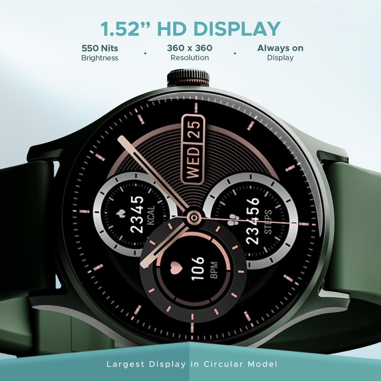 boAt Lunar Vista Smartwatch with Bluetooth Calling (38.60mm HD Display, IP67 Splash Resistant, Olive Green Strap)_3
