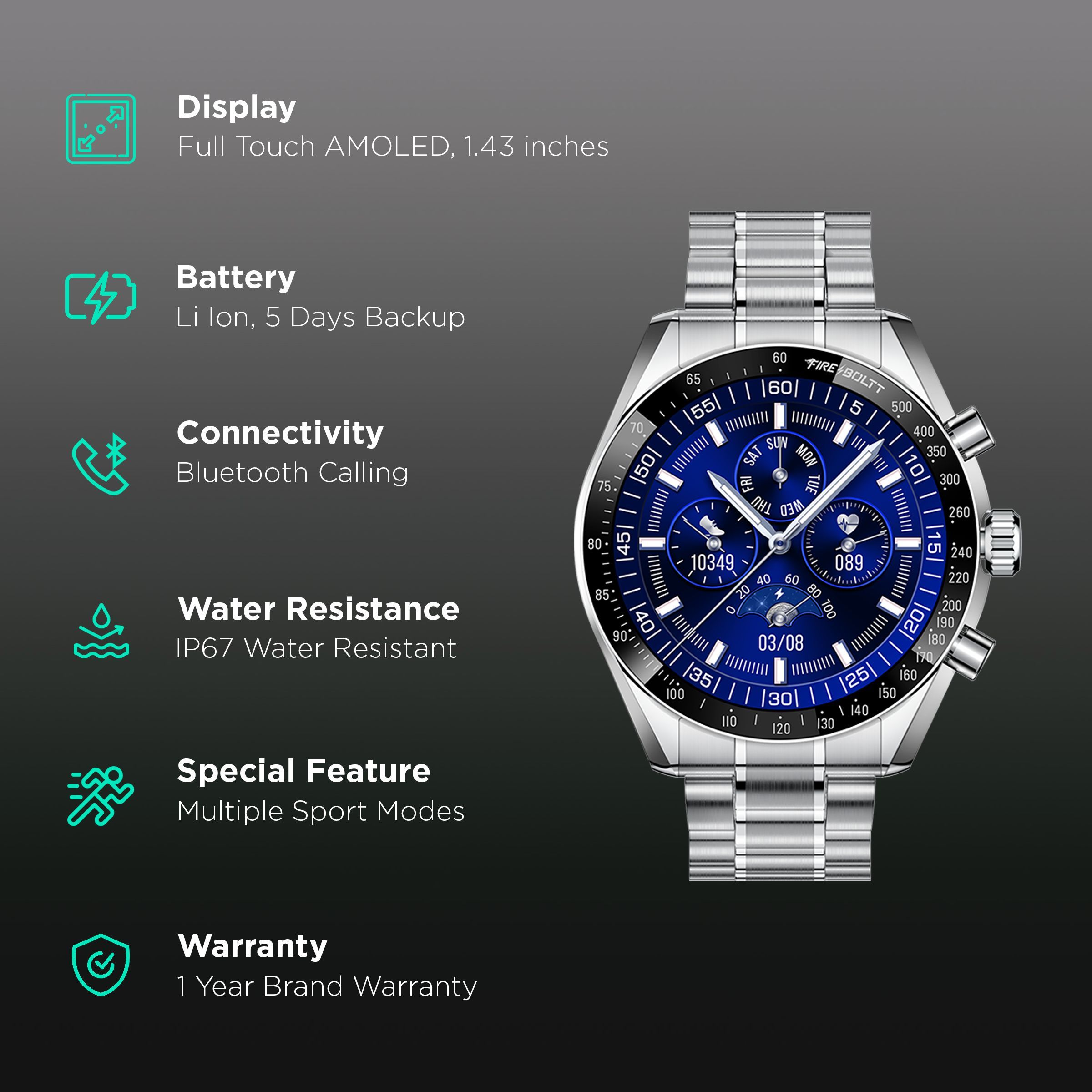 FIRE-BOLTT Moonwatch Smartwatch with Bluetooth Calling (36.3mm AMOLED Display, IP67 Water Resistant, Silver Strap)_2