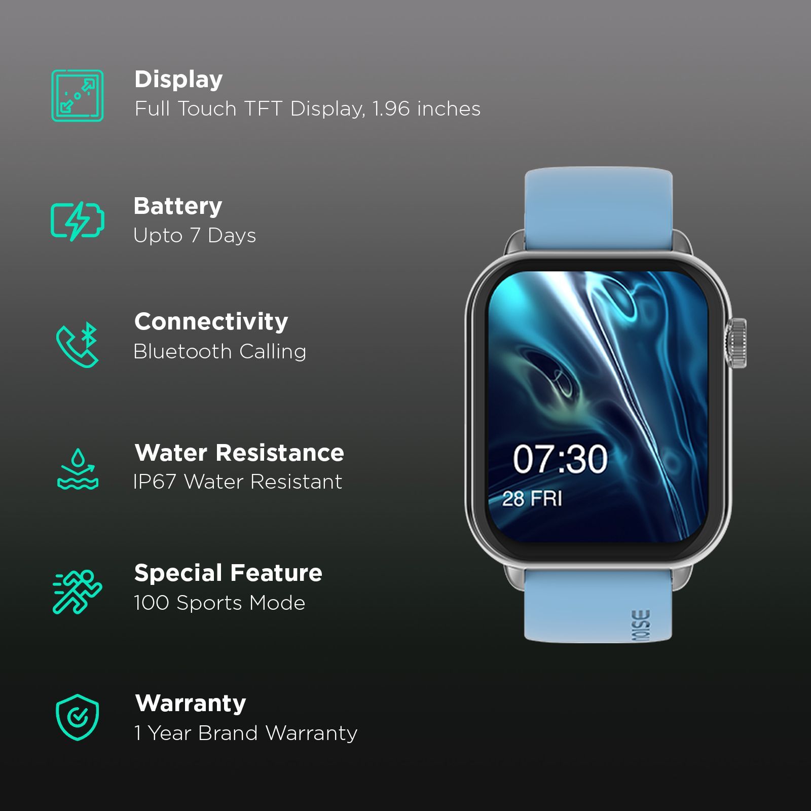 noise ColorFit Mighty Smartwatch with Bluetooth Calling (49.7mm TFT Display, IP67 Water Resistant, Calm Blue Strap)_2