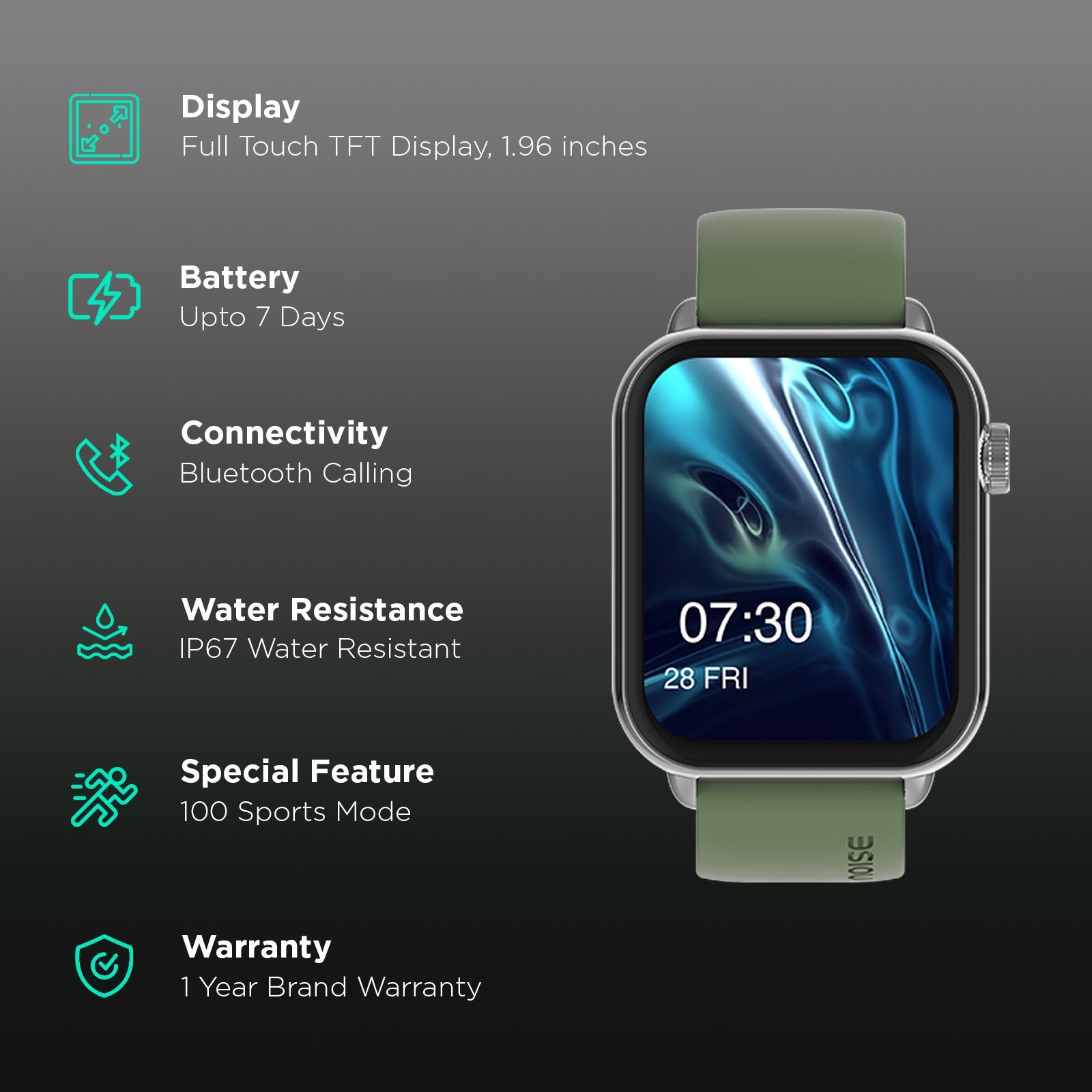 noise ColorFit Mighty Smartwatch with Bluetooth Calling (49.7mm TFT Display, IP67 Water Resistant, Forest Green Strap)_2