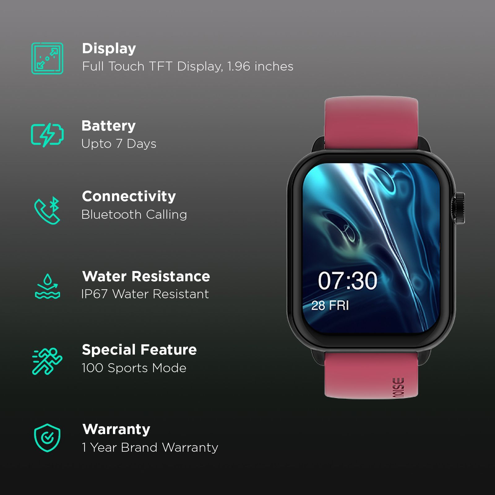 noise ColorFit Mighty Smartwatch with Bluetooth Calling (49.7mm TFT Display, IP67 Water Resistant, Burgundy Wine Strap)_2