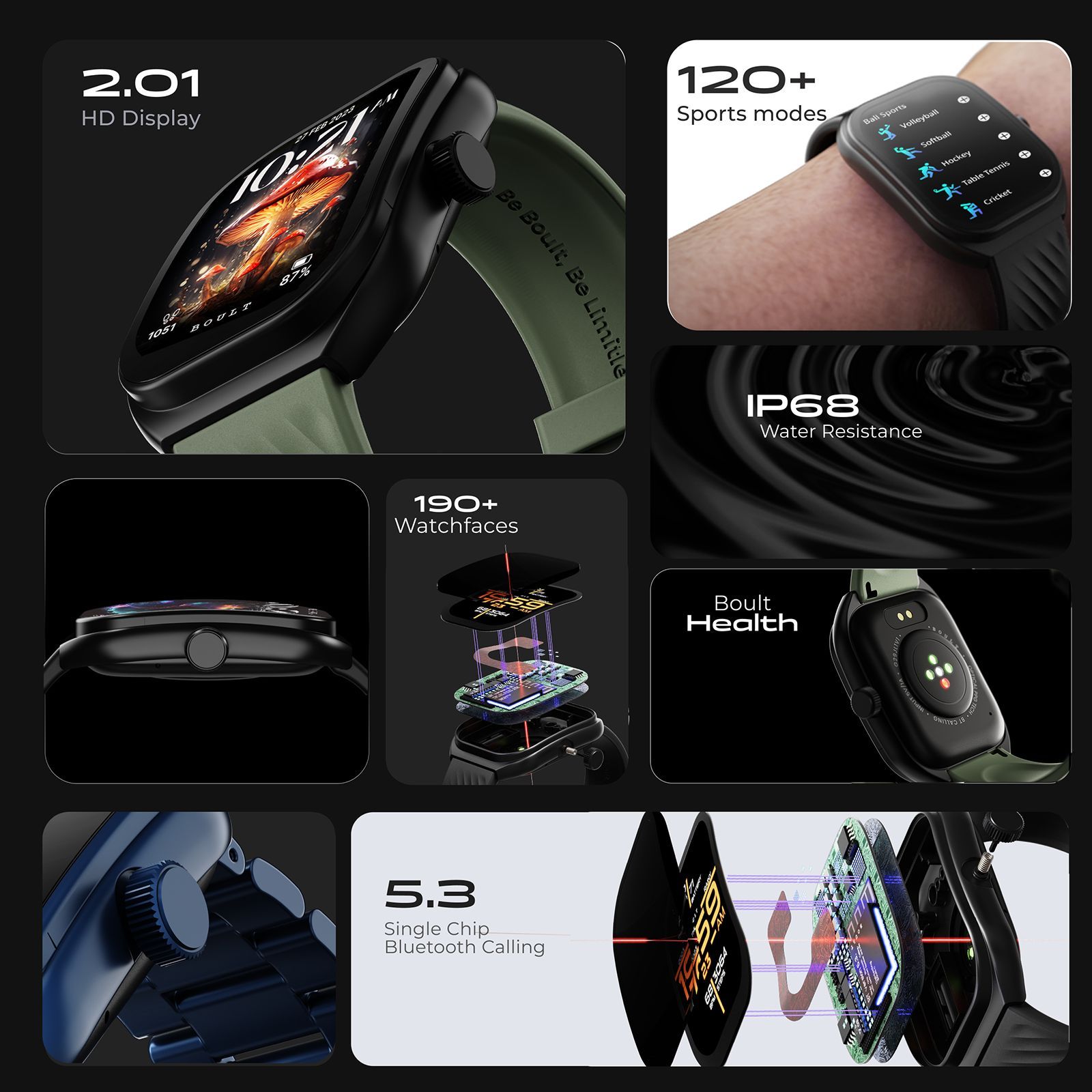 GOBOULT Kliff Smartwatch with Bluetooth Calling (51.05mm HD Display, IP68 Water Resistant, Raven Black Strap)_7