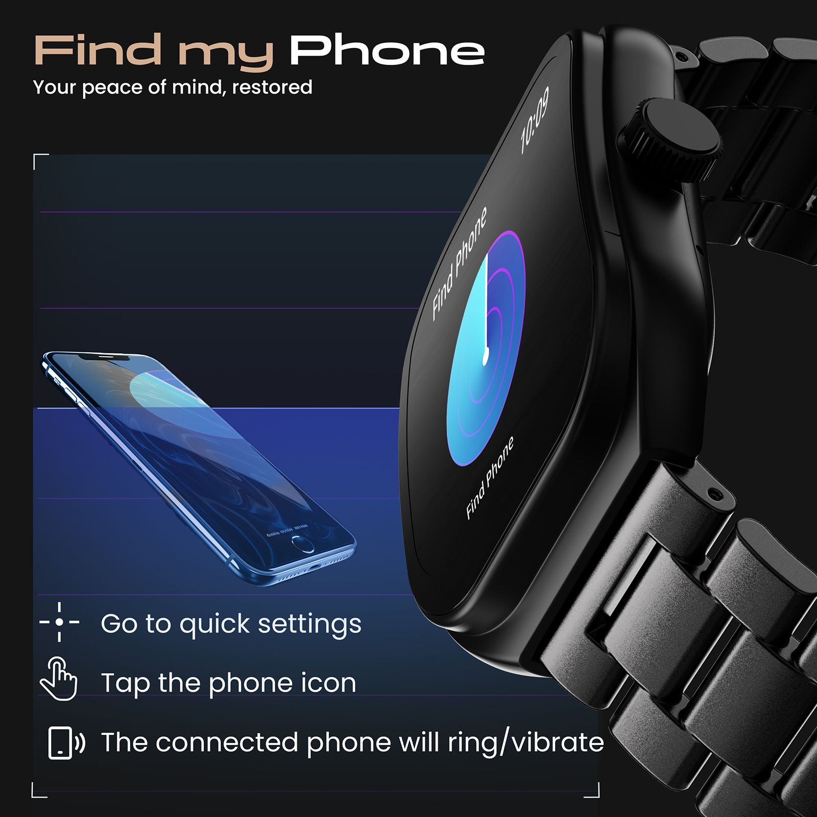 GOBOULT Kliff Bluetooth Calling Android OS Smartwatch (51.05mm HD Display, Drink Water Reminder, Black Metal Strap)_3