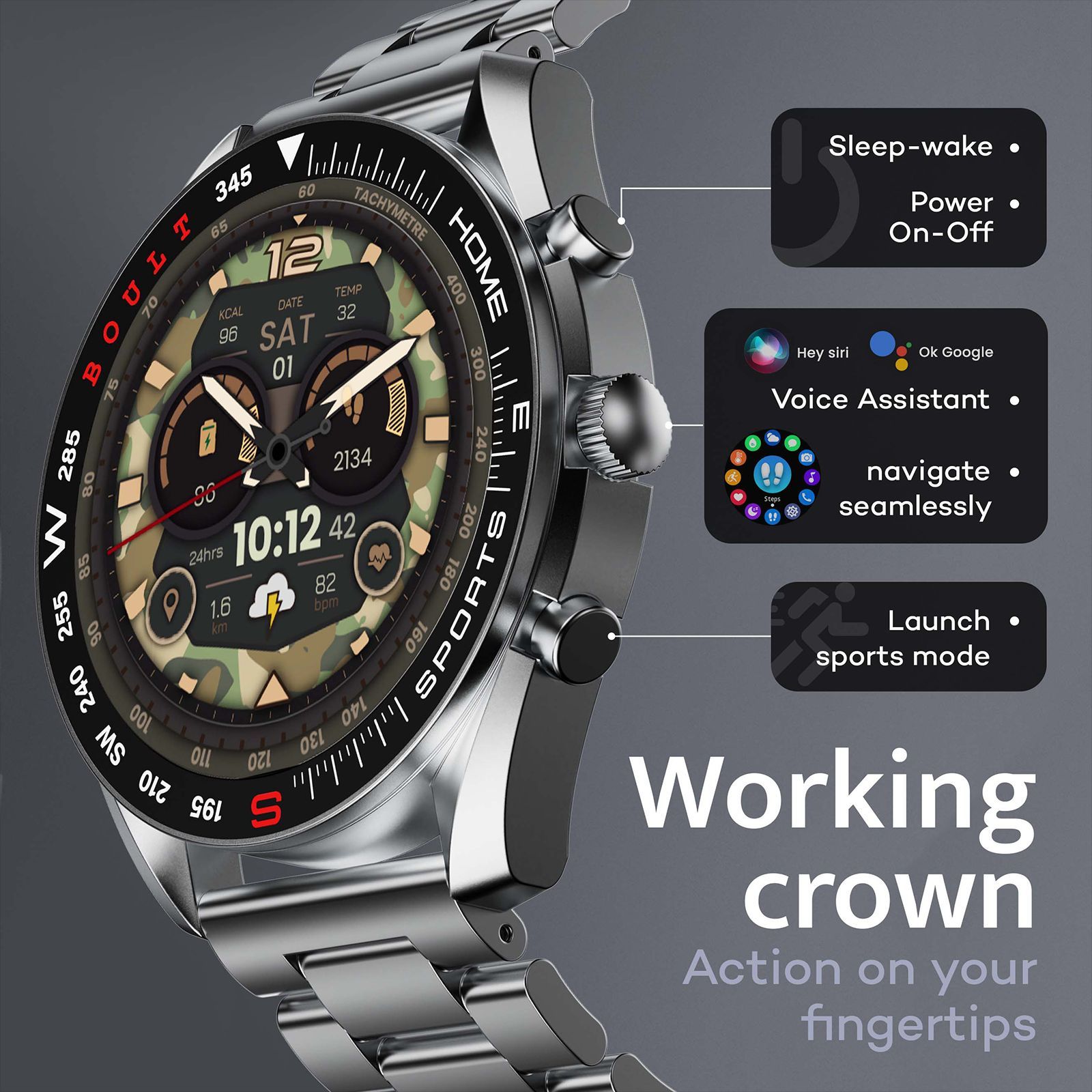 GOBOULT Radian Smartwatch with Bluetooth Calling (35.3mm HD Display, IP67 Water Resistant, Inox Steel Strap)_3