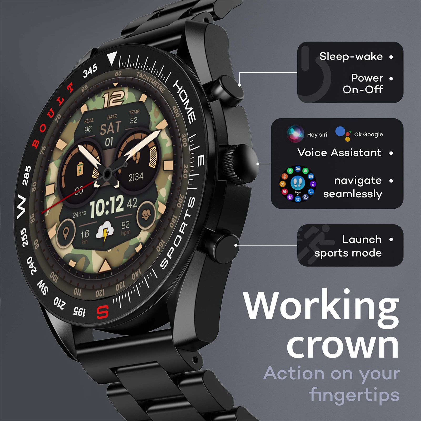 GOBOULT Radian Smartwatch with Bluetooth Calling (35.3mm HD Display, IP67 Water Resistant, Coal Black Strap)_3
