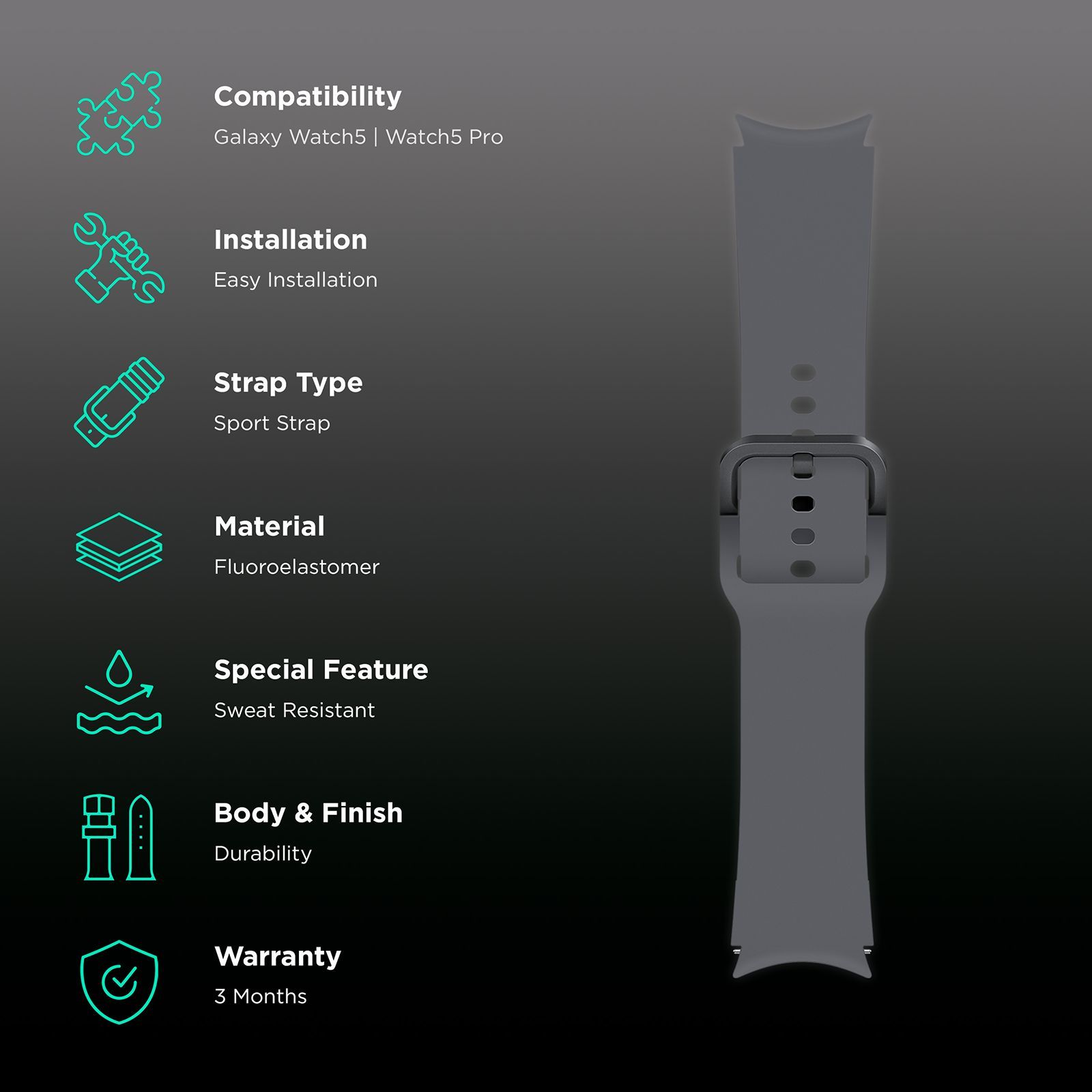 SAMSUNG Fluoroelastomer Sport Band for SAMSUNG Galaxy Watch4, Watch4 Classic, Watch5 & Watch5 Pro (S / M) (Sweat Resistant, Graphite)_2