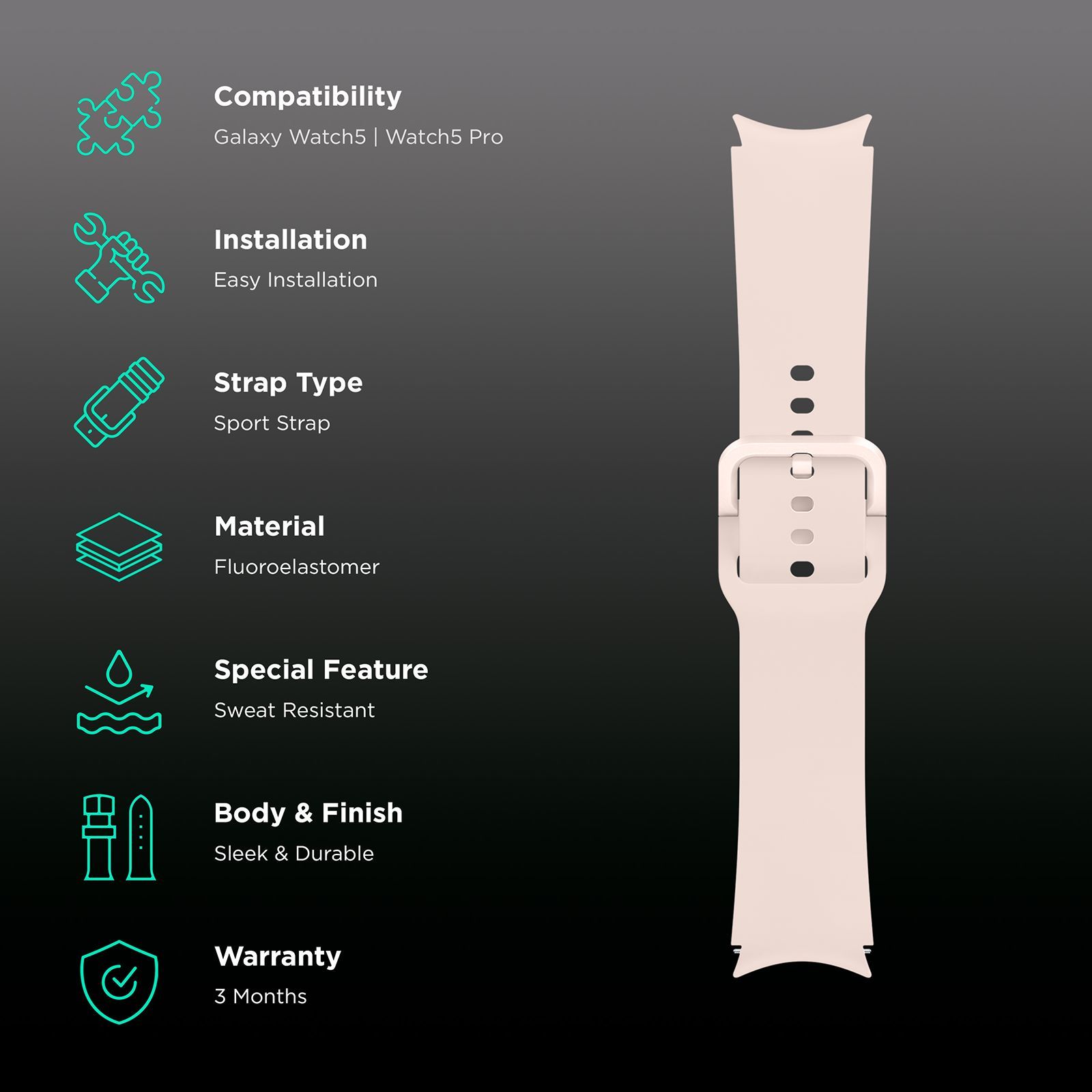 SAMSUNG Fluoroelastomer Sport Band for SAMSUNG Galaxy Watch4, Watch4 Classic, Watch5 & Watch5 Pro (S / M) (Sweat Resistant, Pink Gold)_2