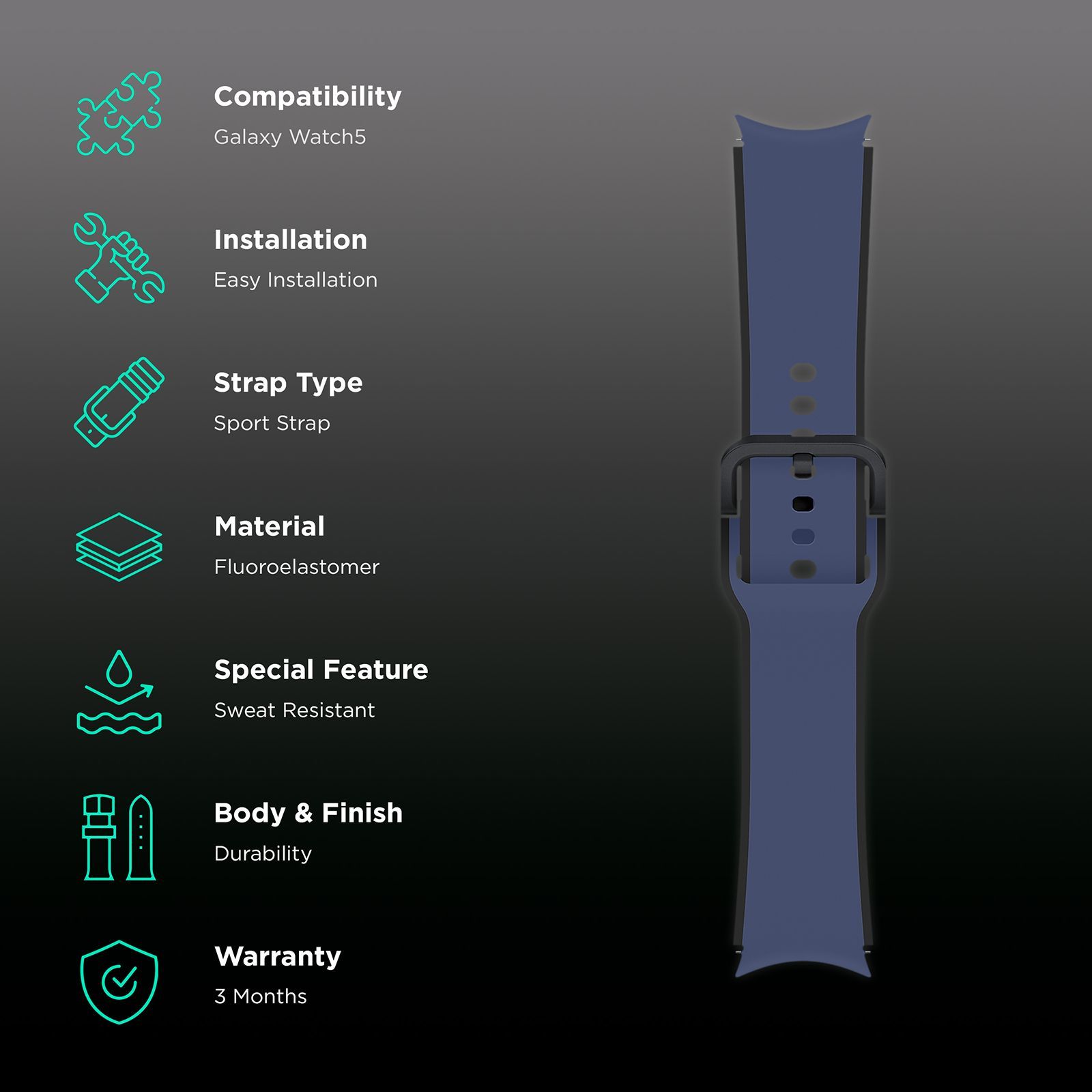 SAMSUNG Fluoroelastomer Strap for SAMSUNG Galaxy Watch4, Watch4 Classic, Watch5 & Watch5 Pro (Two-Tone Design, Navy)_2