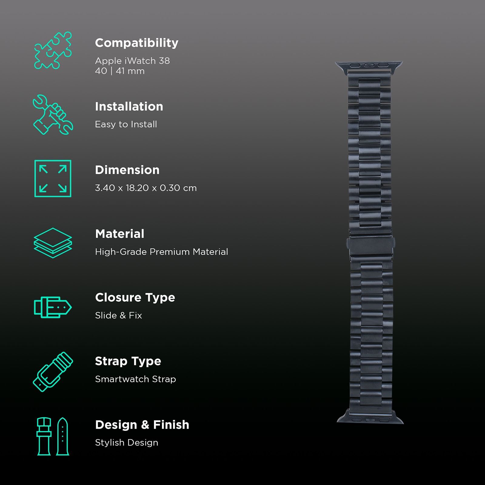 Croma Broad Metallic Strap for Apple iWatch (38mm / 40mm / 41mm) (Apple Compatible, Black)_2